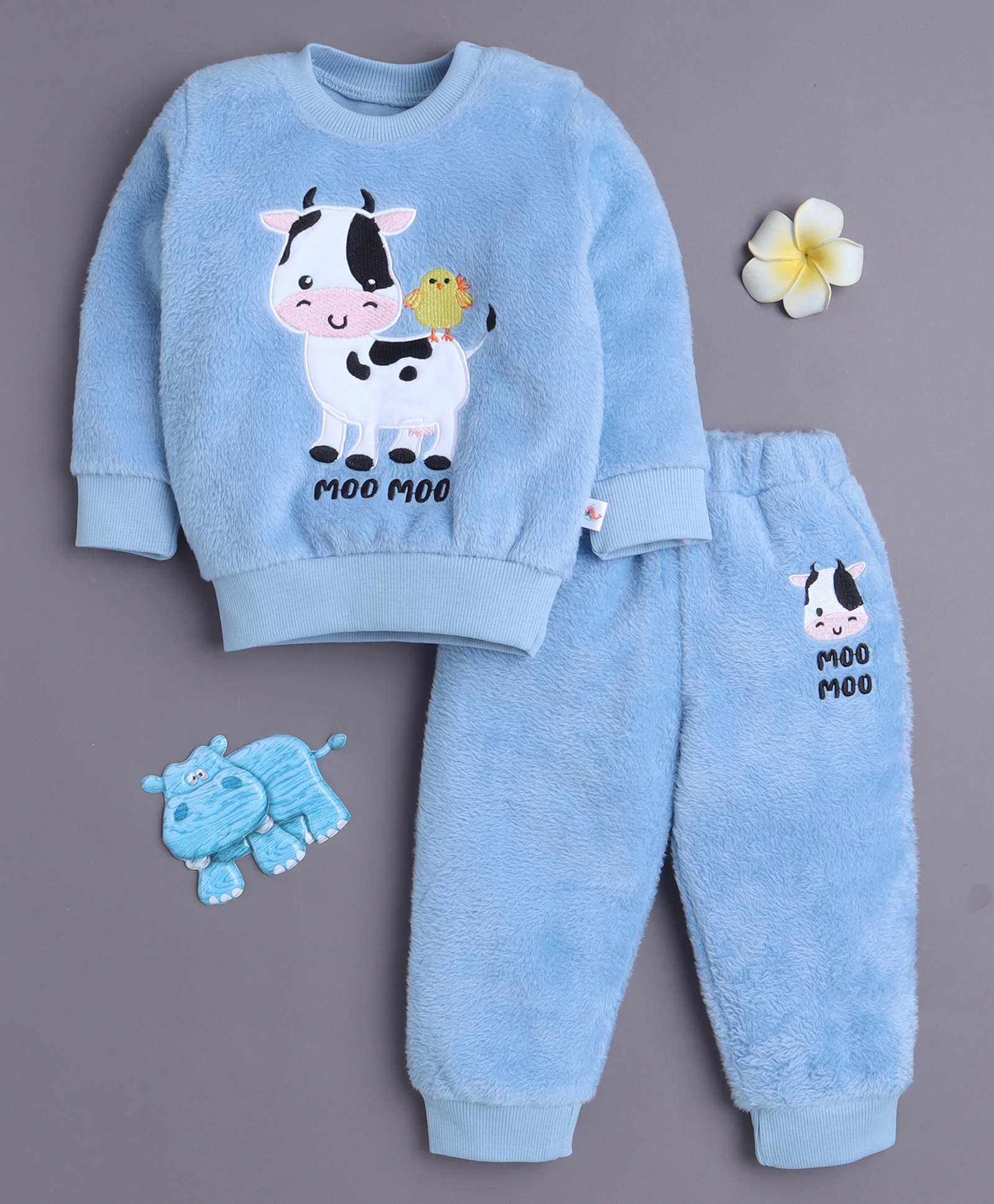 BUMZEE Cotton Blend Knit Full Sleeves Cow Embroidered Light Winter Sweatshirt & Jogger Set - Blue-image-1