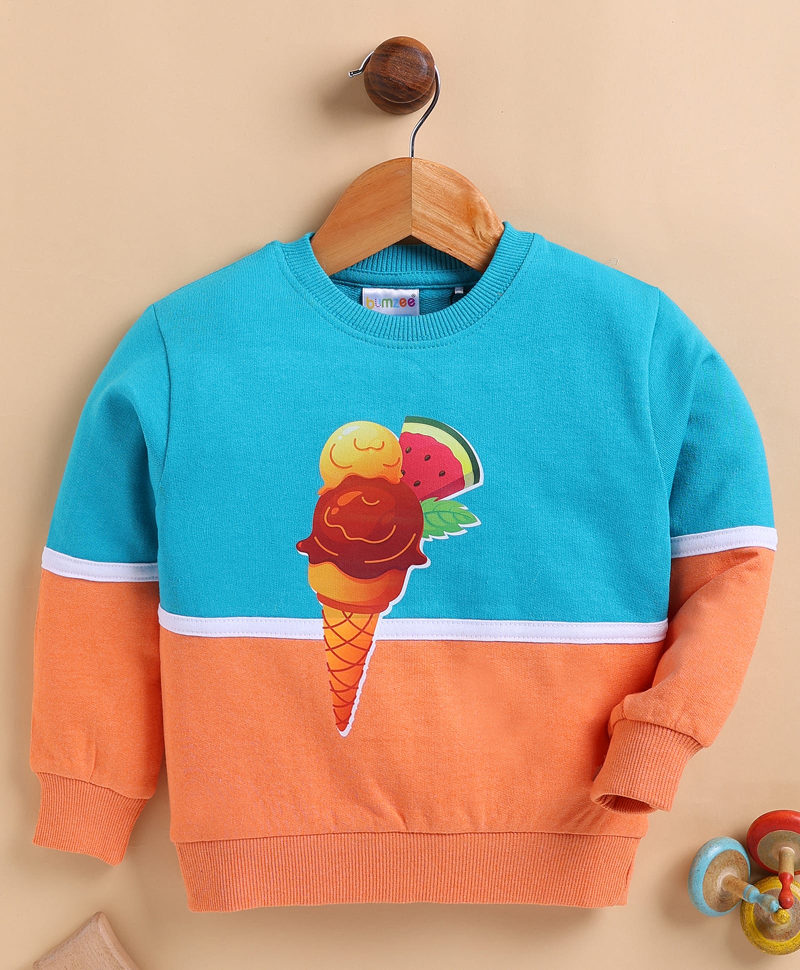 BUMZEE Cotton Blend Knit Full Sleeves Ice Cream Printed Sweatshirt - Blue-image-2