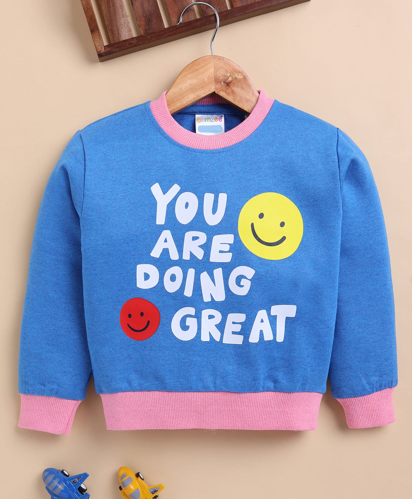 BUMZEE Cotton Blend Knit Full Sleeves You Are Doing Great Text Printed Sweatshirt - Blue-image-17