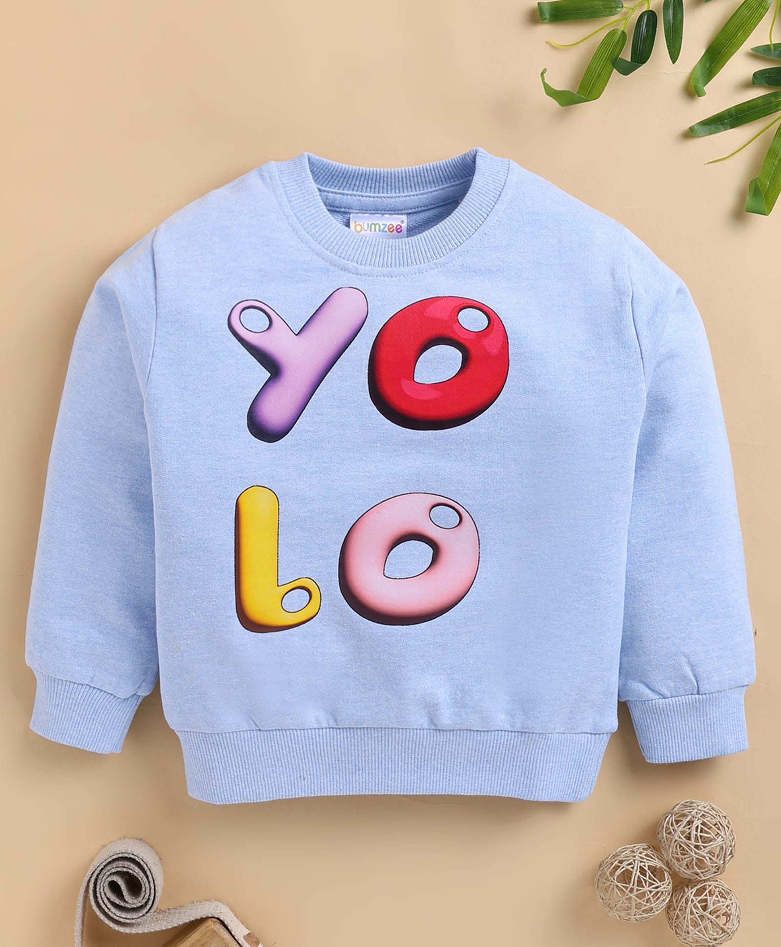 BUMZEE Cotton Blend Knit Full Sleeves Yolo Text Printed Sweatshirt - Light Blue-picture-28