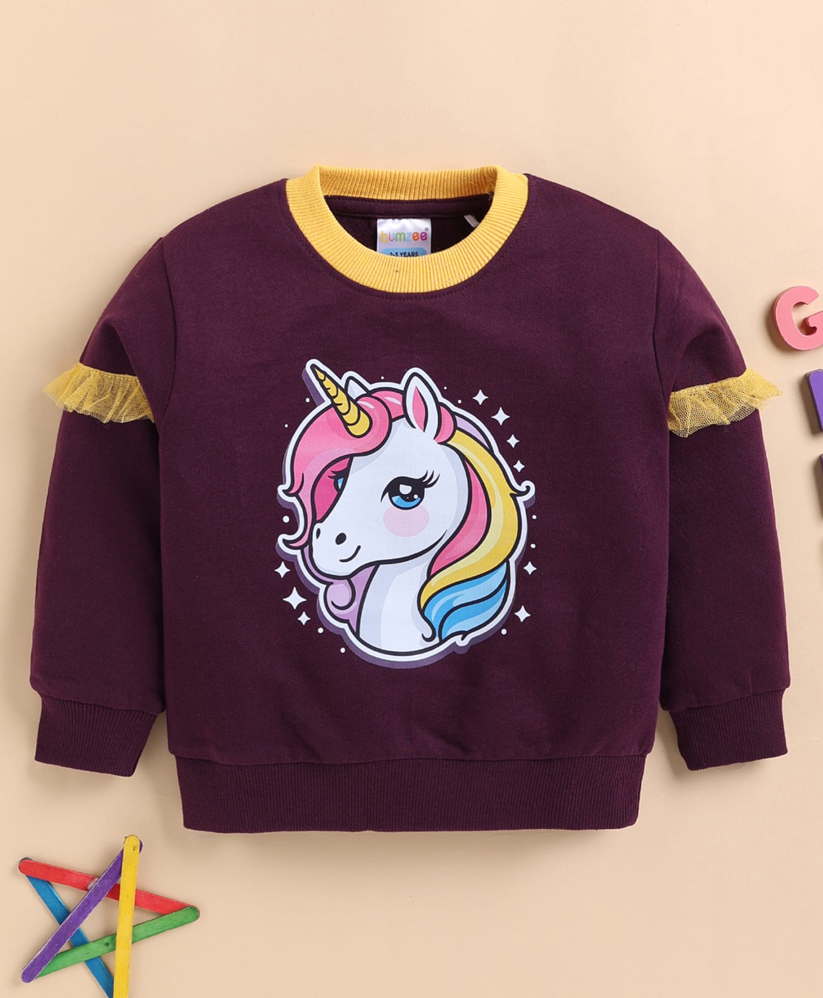 BUMZEE Cotton Blend Knit Full Sleeves Unicorn Printed Sweatshirt - Wine-image-44