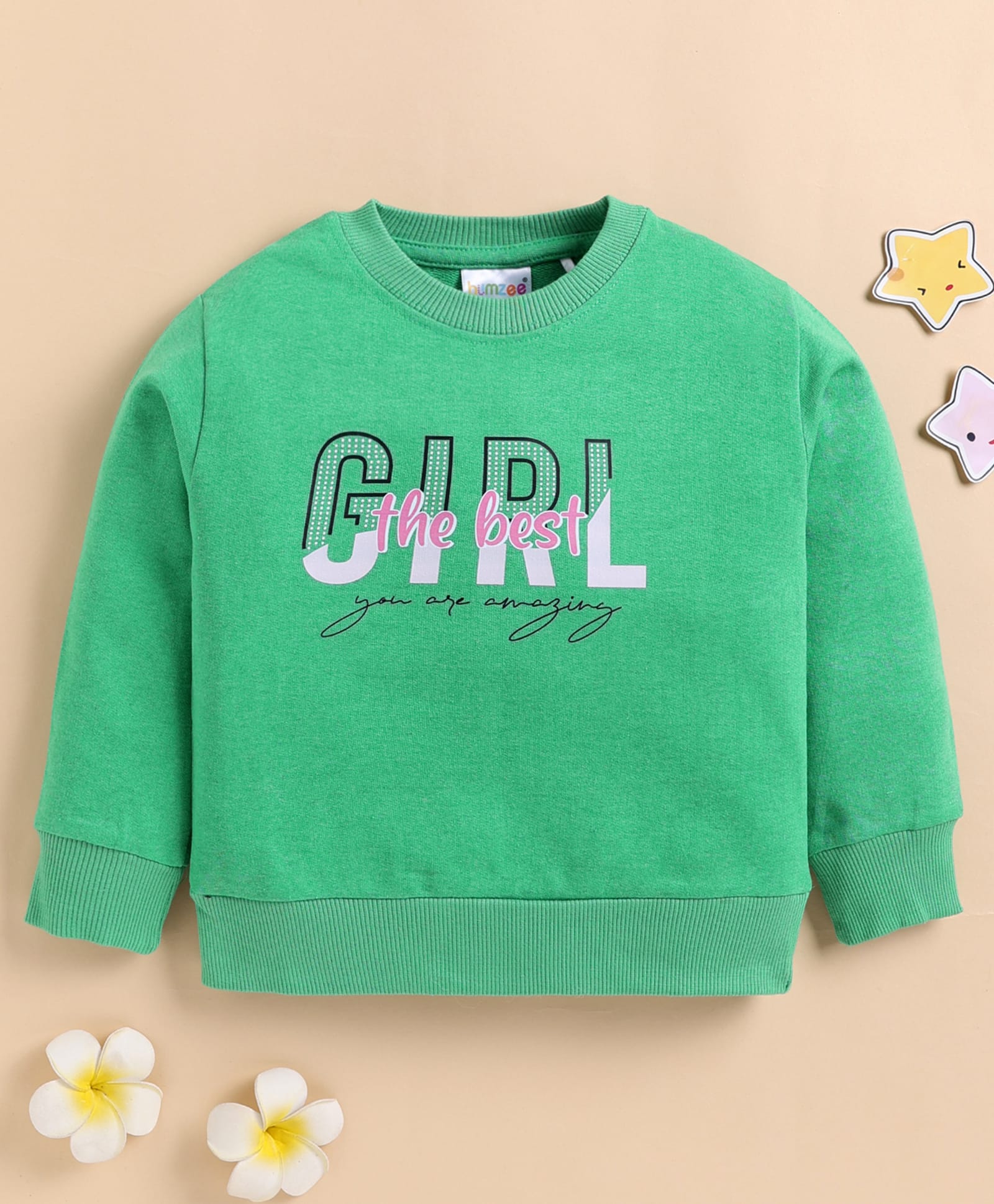 BUMZEE Cotton Blend Knit Full Sleeves Girl The Best Text Printed Sweatshirt - Green-image-48