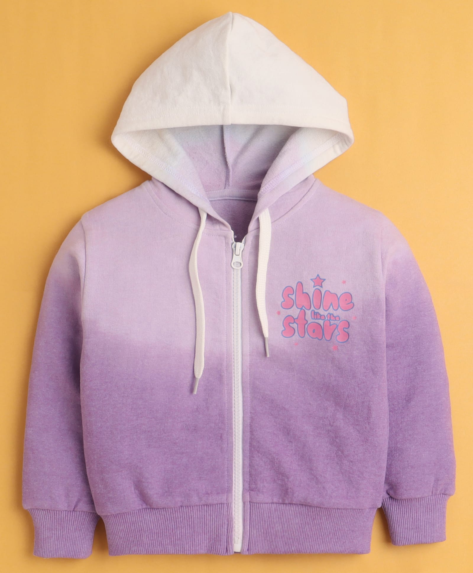 BUMZEE Cotton Blend Knit Full Sleeves Ombre Shine Like The Stars Text Printed Light Winter Hooded Sweatjacket - Lavender-image-27