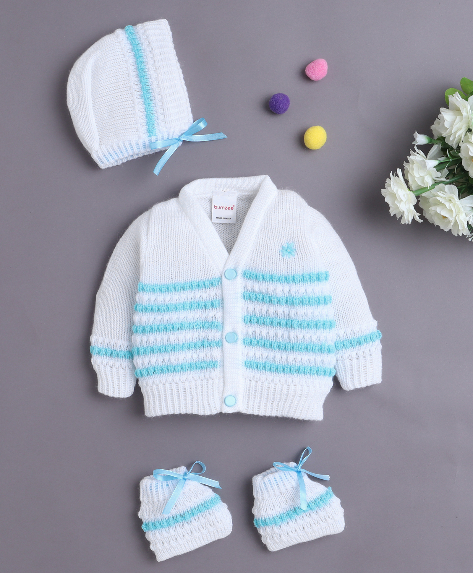 BUMZEE Knit Full Sleeves Striped Cardigan With Caps & Socks - White & Aqua-image-49