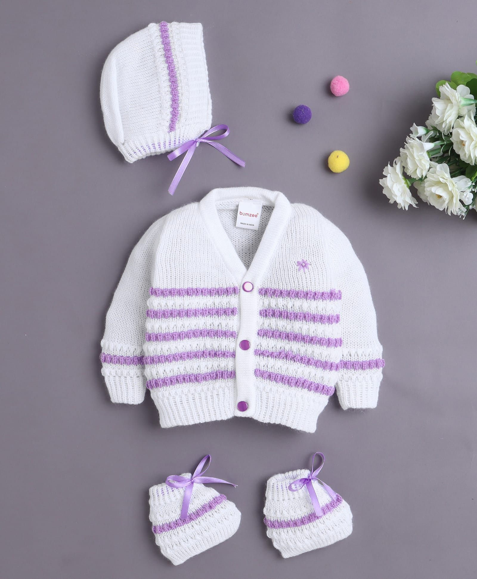 BUMZEE Knit Full Sleeves Striped Cardigan With Caps & Socks - White & Lavender-image-20