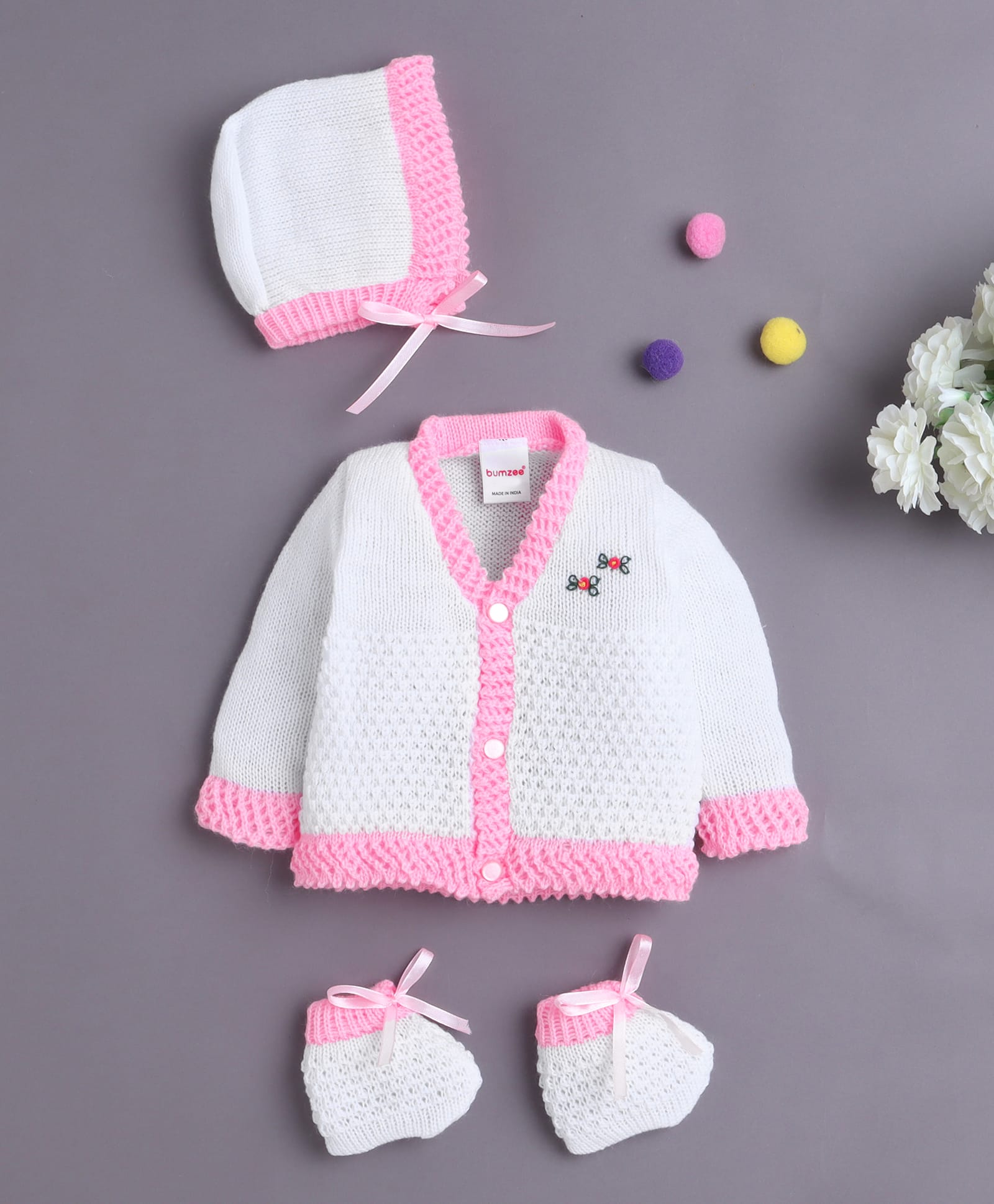 BUMZEE Knit Full Sleeves Floral Designed Cardigan With Cap & Booties Set - White & Pink - Circumference 26 Cms-image-19