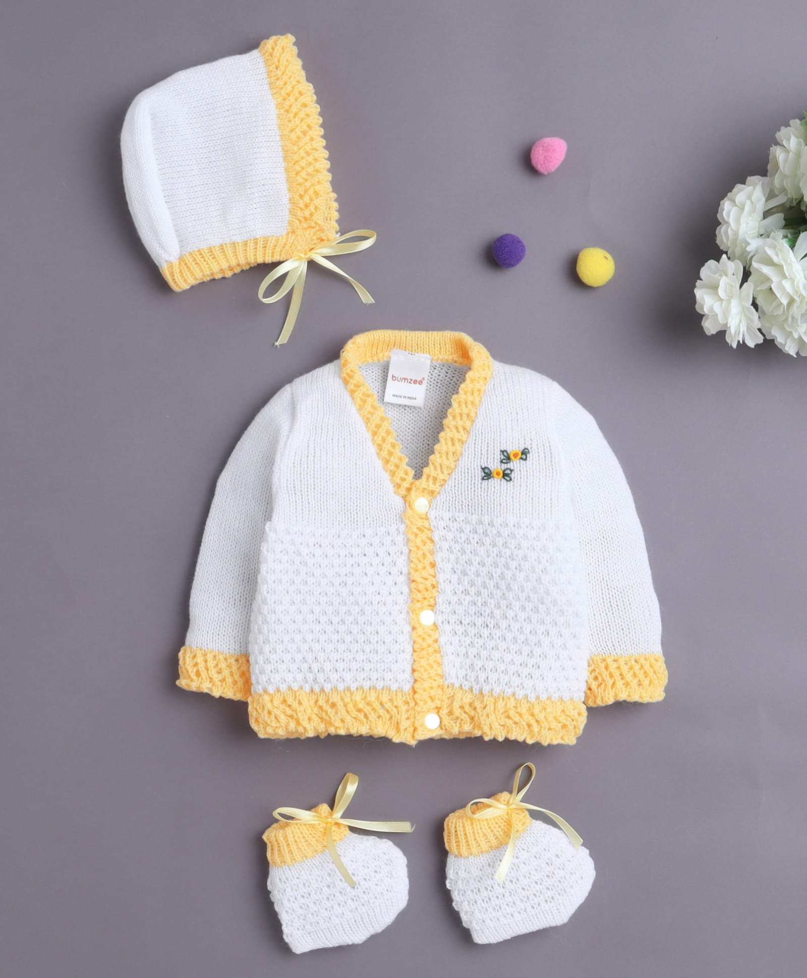 BUMZEE Knit Full Sleeves Floral Designed Cardigan With Cap & Booties Set - White & Yellow - Circumference 32 Cms-picture-8