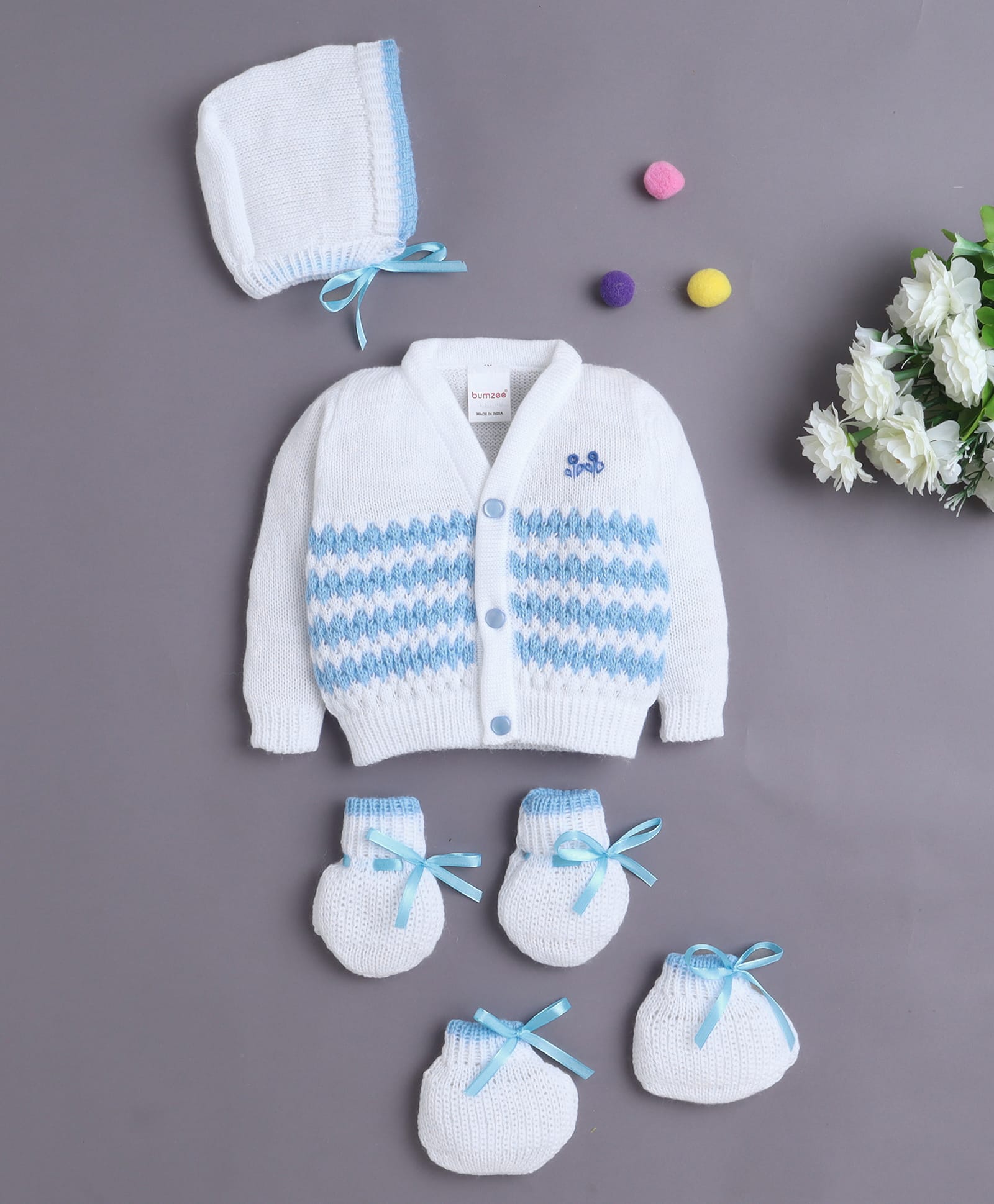 BUMZEE Knit Full Sleeves Abstract Designed Cardigan With Cap Mittens & Booties Set - White & Sky Blue - Circumference 32 Cms-image-22