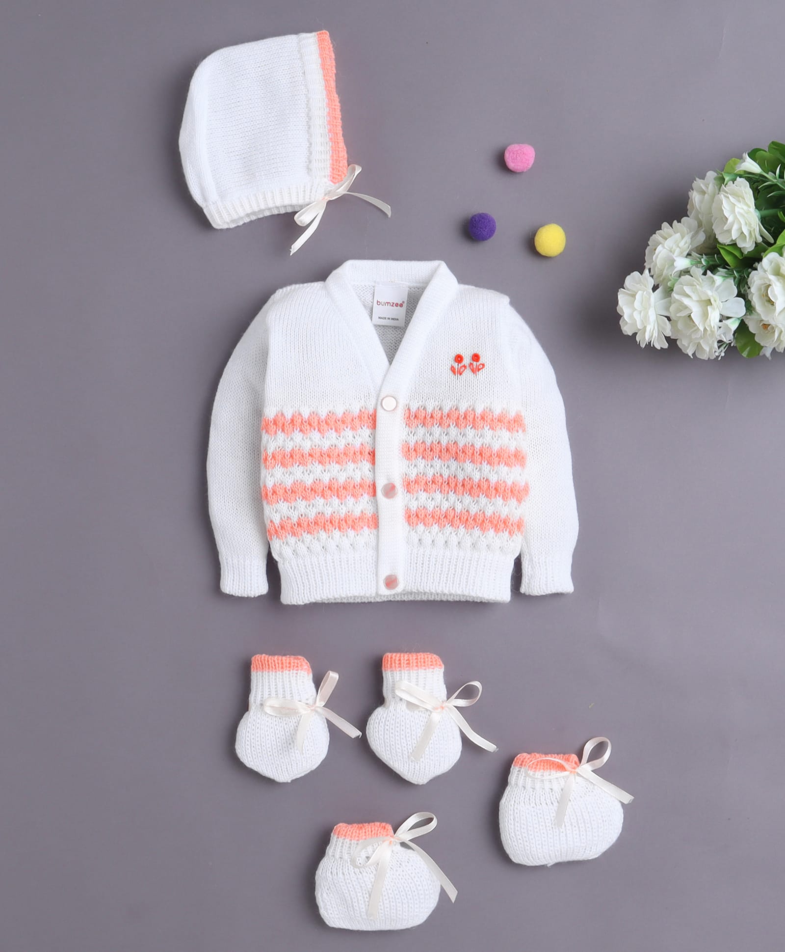 BUMZEE Knit Full Sleeves Abstract Designed Cardigan With Cap Mittens & Booties Set - White & Orange - Circumference 32 Cms-image-23