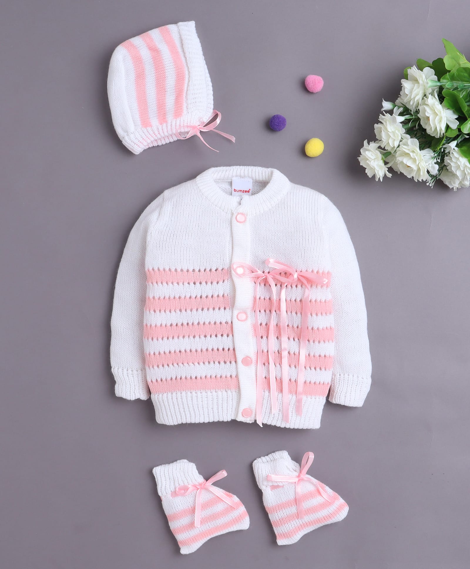 BUMZEE Knit Full Sleeves Striped Sweater With Cap & Socks - White & Pink-image-39