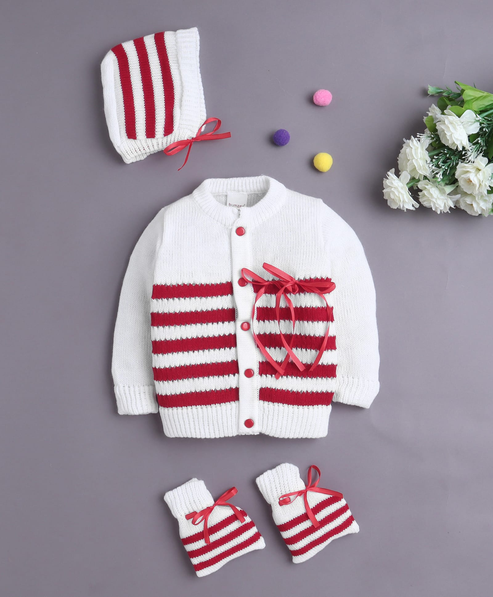BUMZEE Knit Full Sleeves Striped Sweater With Cap & Socks - White & Maroon-image-18