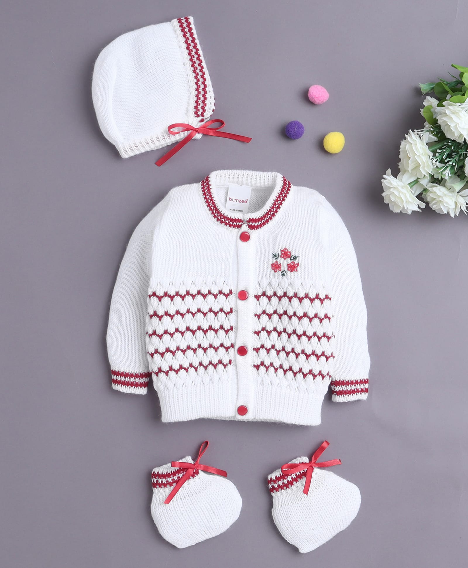 BUMZEE Knit Full Sleeves Floral Embroidered Sweater With Cap & Socks - White & Maroon-picture-28