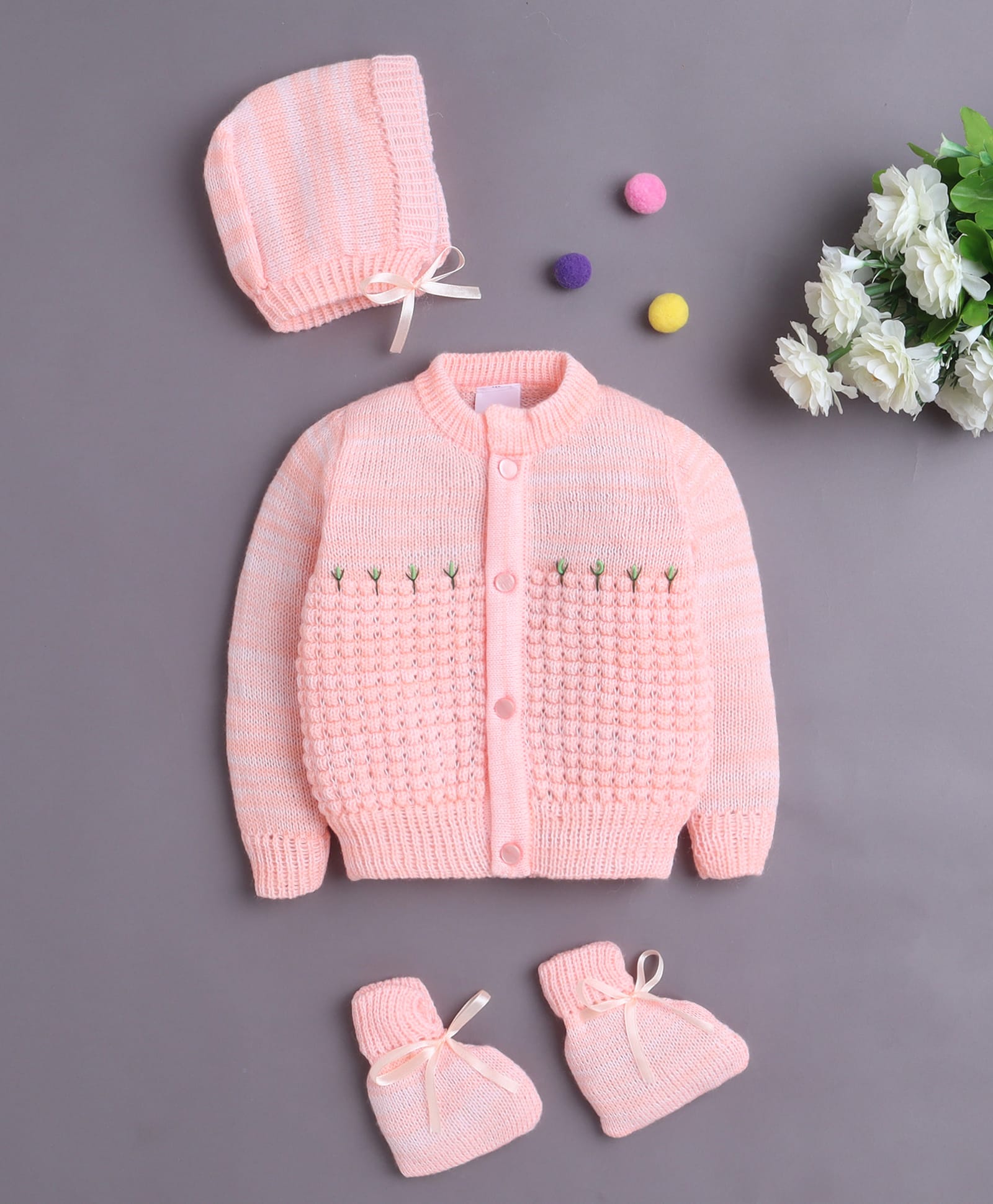 BUMZEE Knit Full Sleeves Floral Designed Cardigan With Cap & Booties Set - Orange - Circumference 26 Cms-image-27