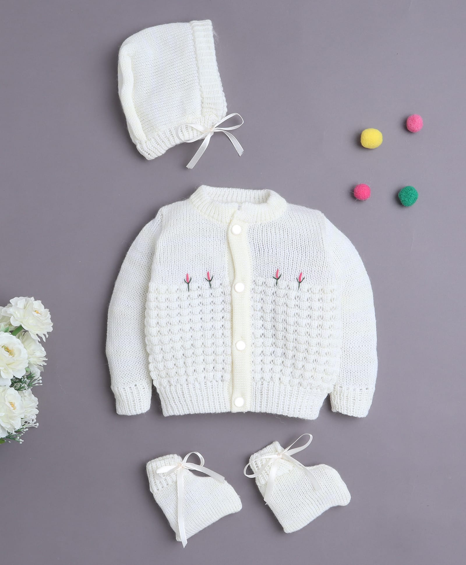 BUMZEE Knit Full Sleeves Floral Designed Cardigan With Cap & Booties Set - Yellow - Circumference 32 Cms-picture-13