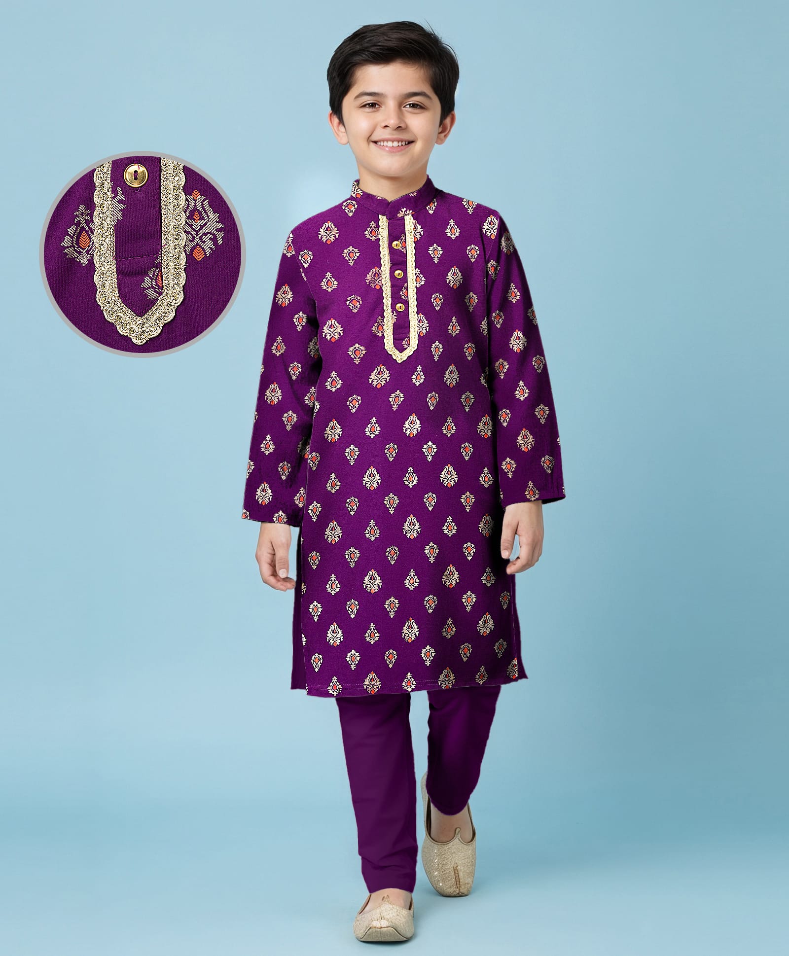 EARTHY TOUCH Single Jersey Knit Full Sleeves Kurta Pajama Set With Floral Print - Wine-image-45