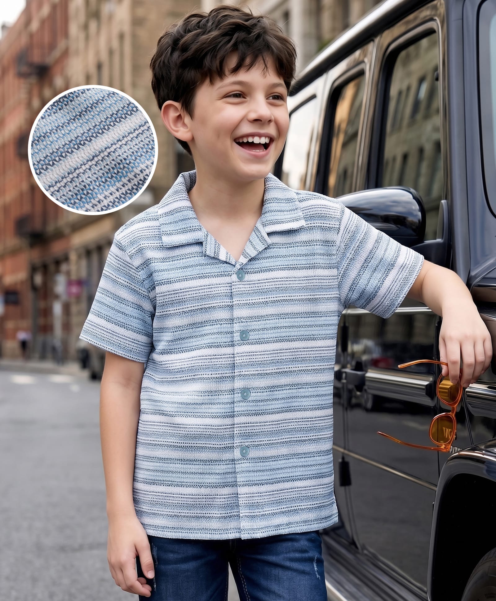kookie kids india Kookie Kids Woven Half Sleeves Resort Collar Shirt with Horizontal Stripes Print - Light Blue-picture-28