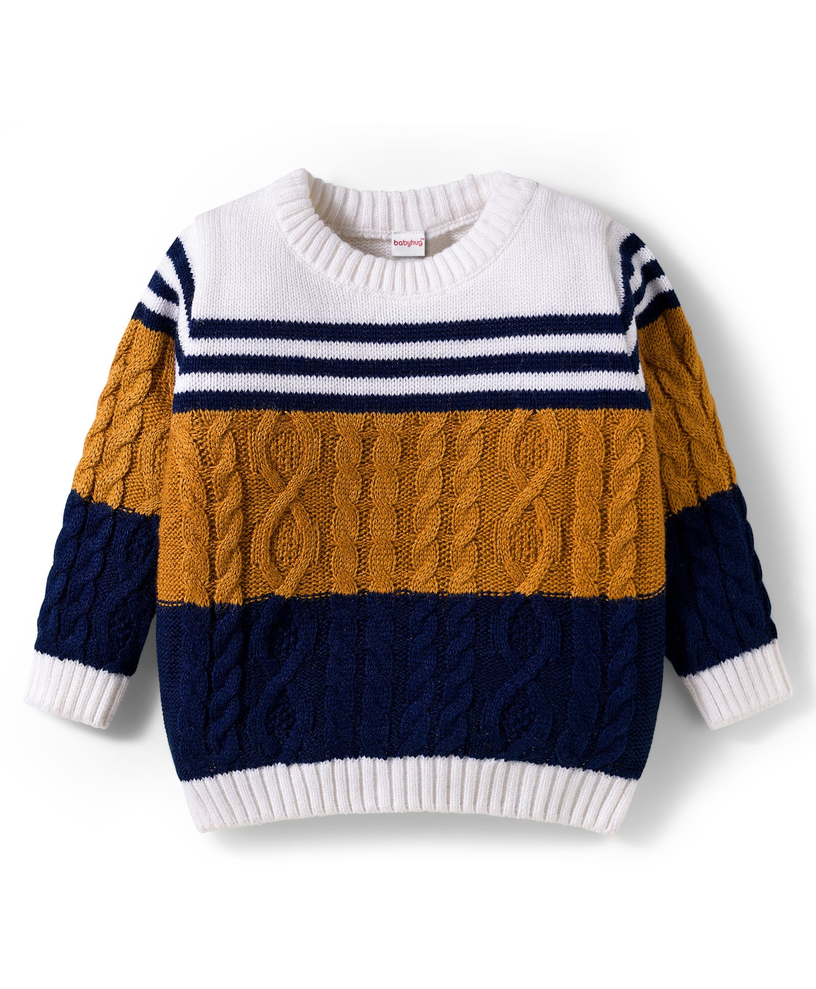 Babyhug Knit Full Sleeves Pullover Sweater with Color Block & Cable Knit Design - Mustard Navy Blue & White-picture-23