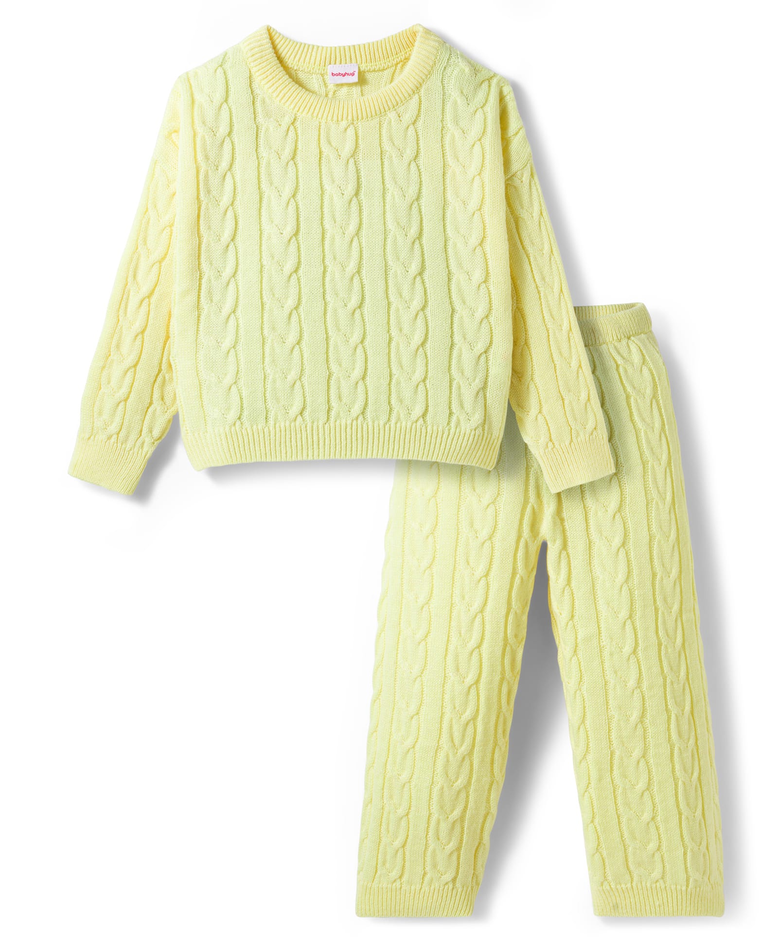 Babyhug Knit Full Sleeves Winter Wear Solid Color Top & Lounge Pant Set with Cable Knit Design - Limegreen-picture-18