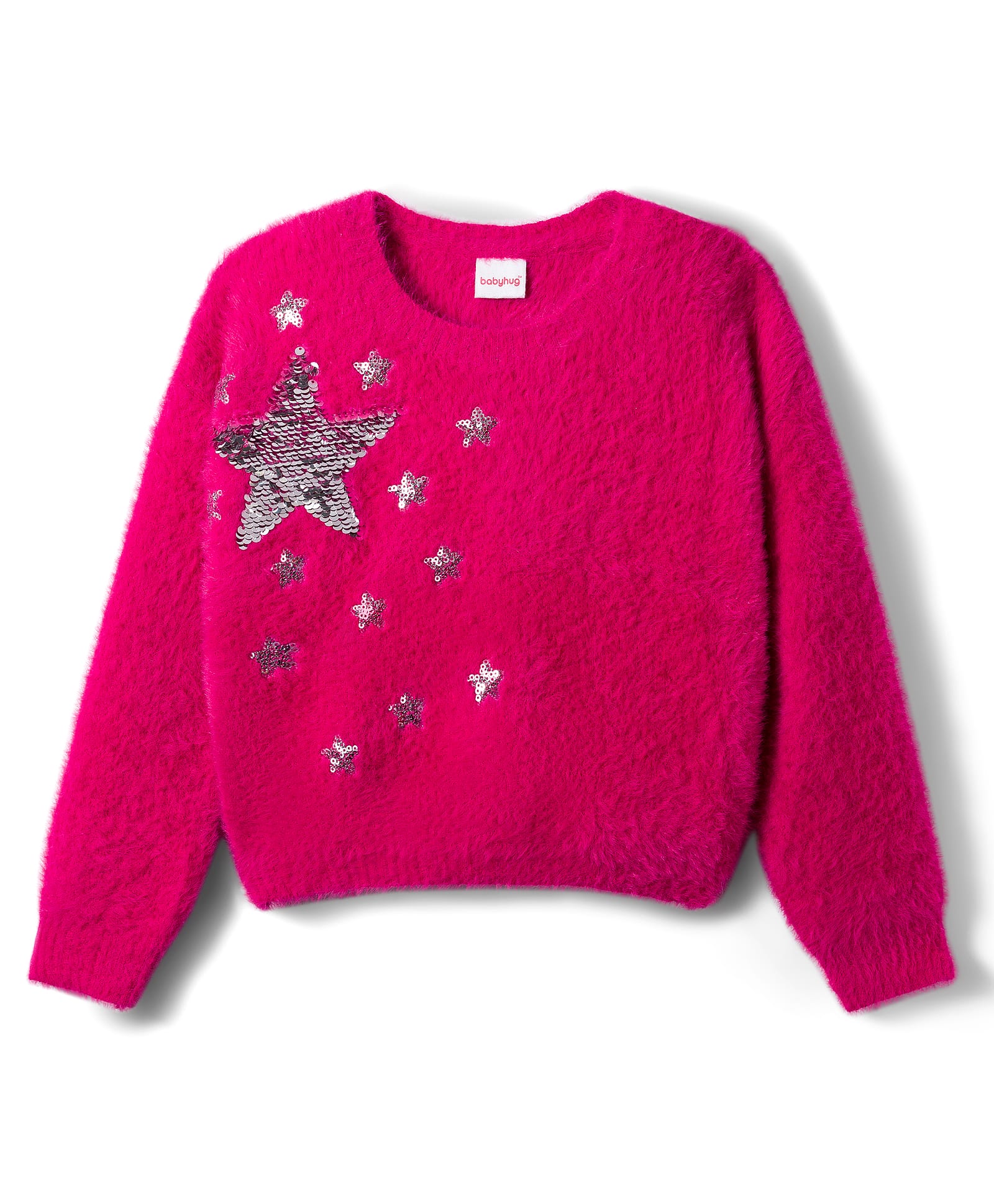 Babyhug Knit Full Sleeves Pullover Sweater with Sequin Star Design - Fuchsia-image-28