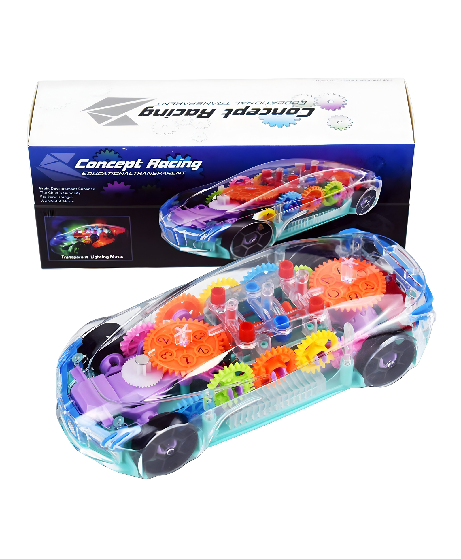 NEGOCIO 360 Degree Bump & Go ABS Plastic Rotating Transparent Concept Racing Car with 3D Flashing Led Lights & Music (Color May Vary)