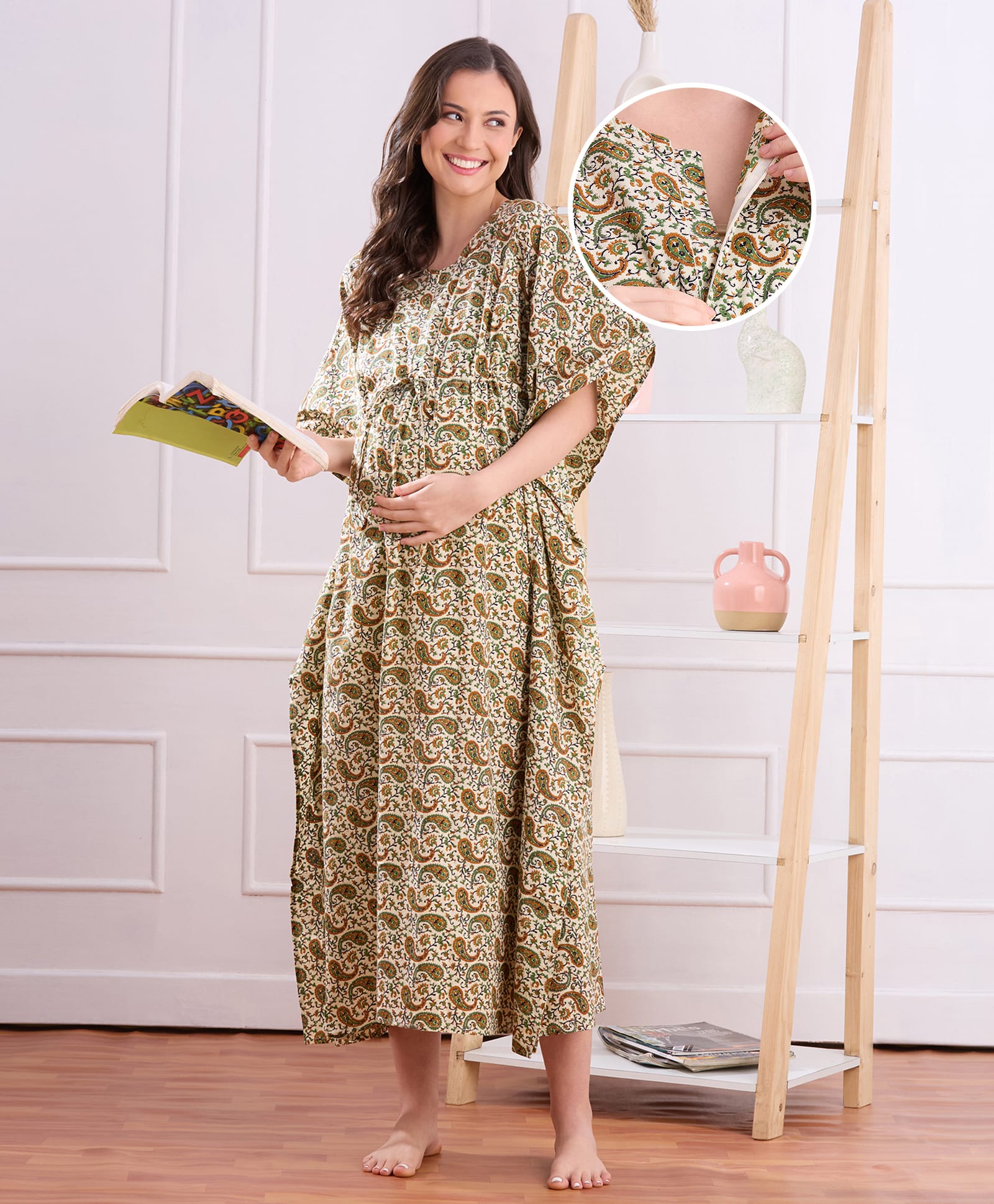 Bella Mama Cotton Woven Half Sleeves Maternity Nursing Kaftan With Floral Print - Multicolour-image-16