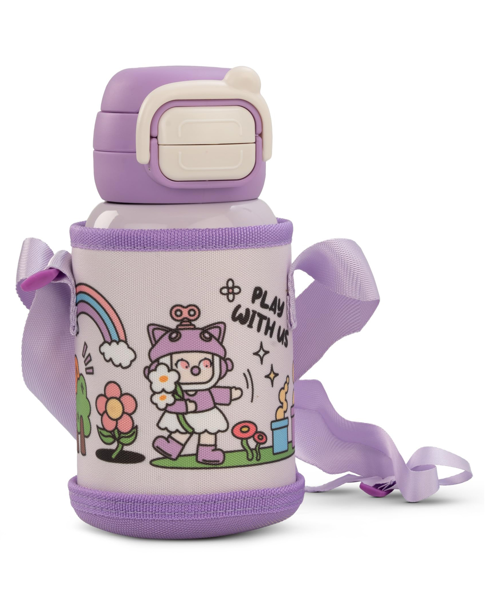BAYBEE Hydro 2 in 1 Kids Sipper Water Bottle with Straw | BPA Free Stainless Steel Flask with Carry Strap for School, Travel | Leak Proof with Dual Mode | Baby Sipper Bottle for Kids (500ml, Purple)-picture-2