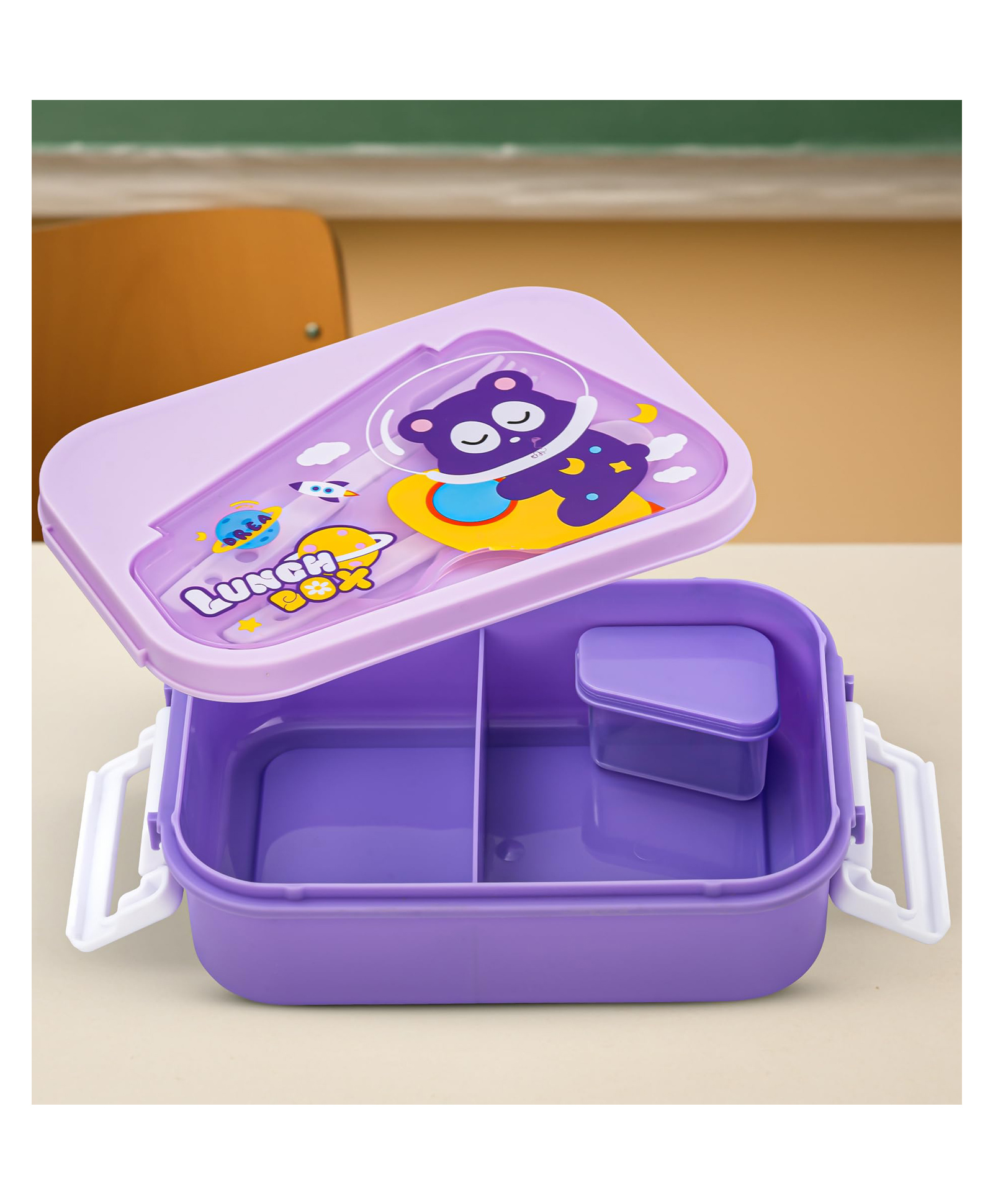 BAYBEE Zigzo Kids Lunch Box 900ml with Spoon & Fork | BPA -Free, Food Grade Bento Box with Lock Lid, Removable Inner Container | Freezer & Dishwasher Safe Tiffin Box for School Boys Girls (Purple)-picture-13