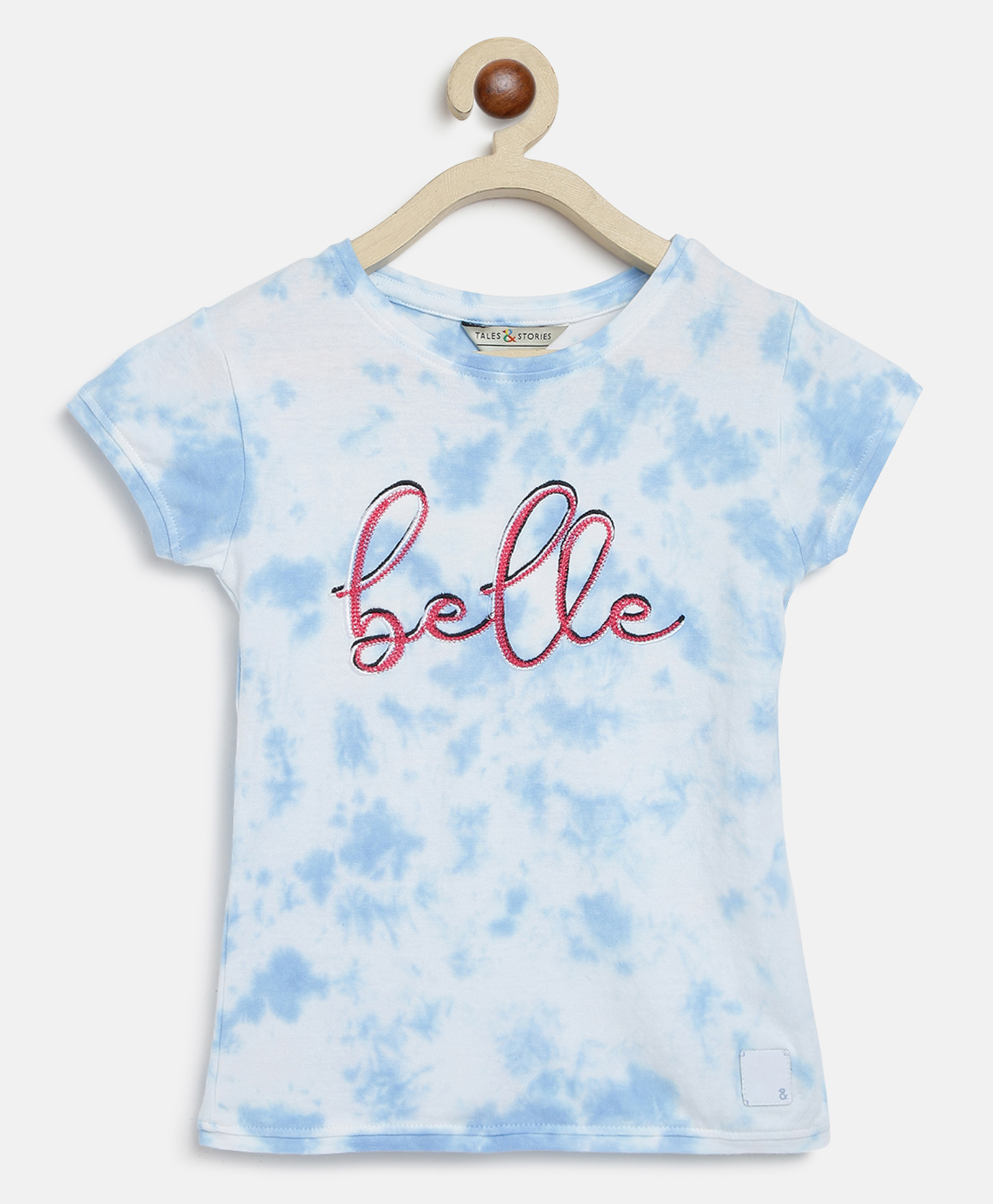 Tales & Stories Cotton Knit Half Sleeves Belle Text Embroidered & Tie Dye Tee - Sky Blue-picture-27