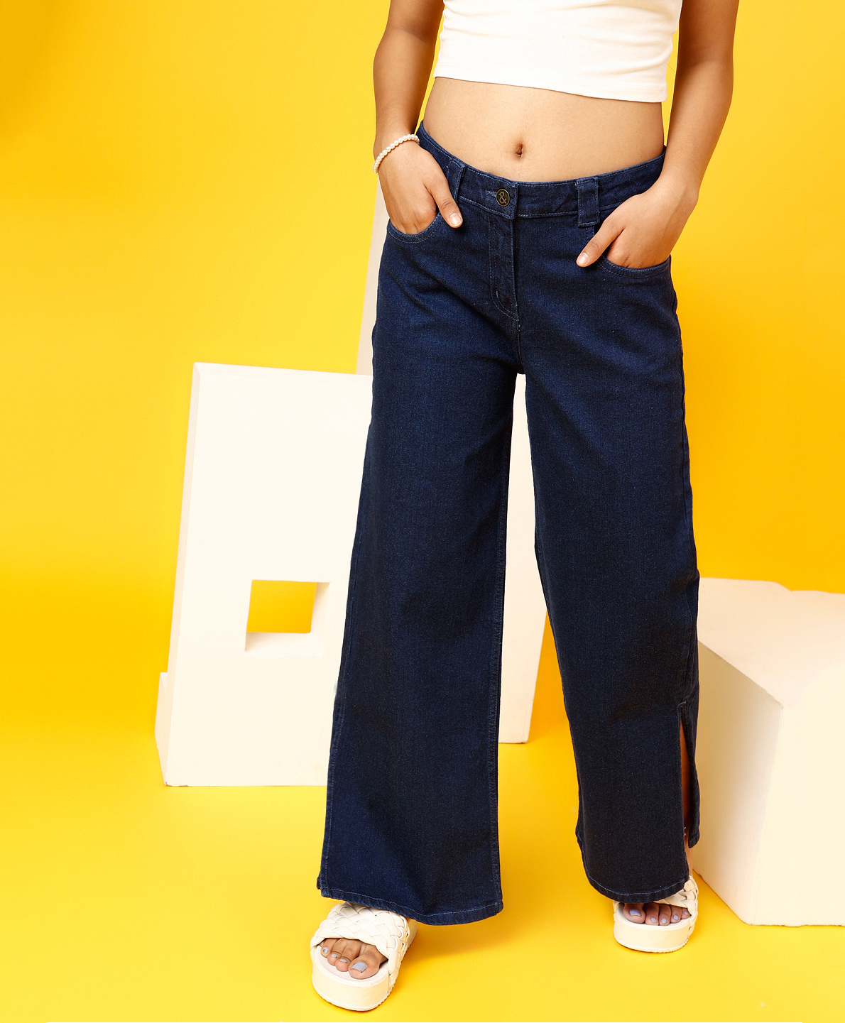 Tales & Stories Denim Woven Bottom Slit Flared Jeans - Navy Blue-picture-26