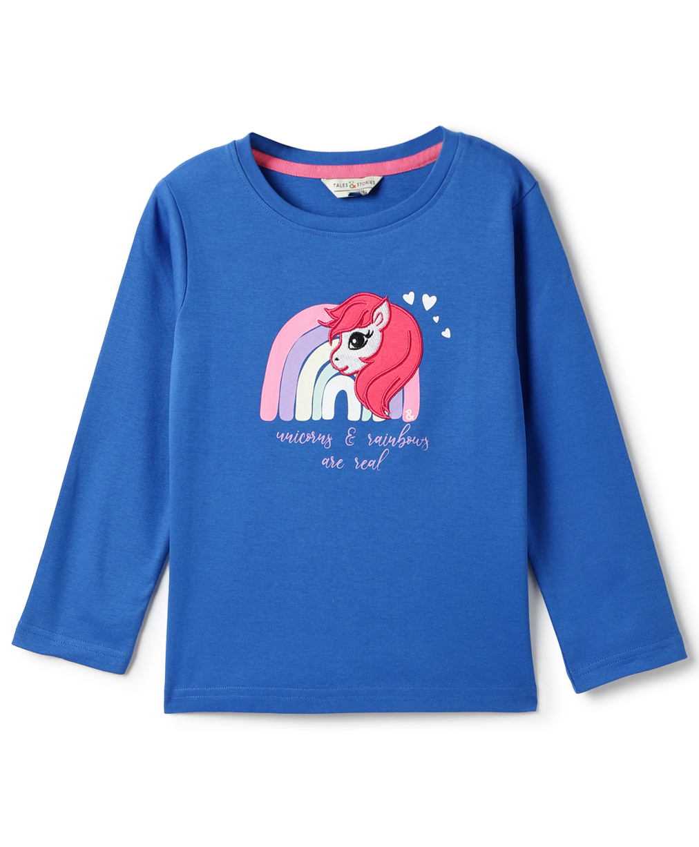 Tales & Stories Cotton Full Sleeves Unicorn Embroidered Tee - Royal Blue-picture-31