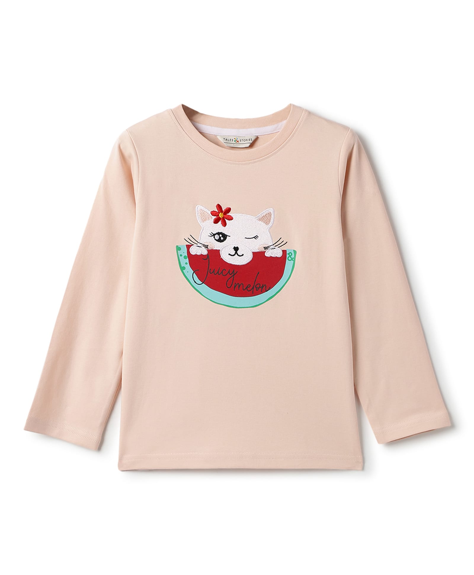 Tales & Stories Cotton Knit Full Sleeves Kitten Embroidered & Watermelon Printed Tee - Peach-picture-32