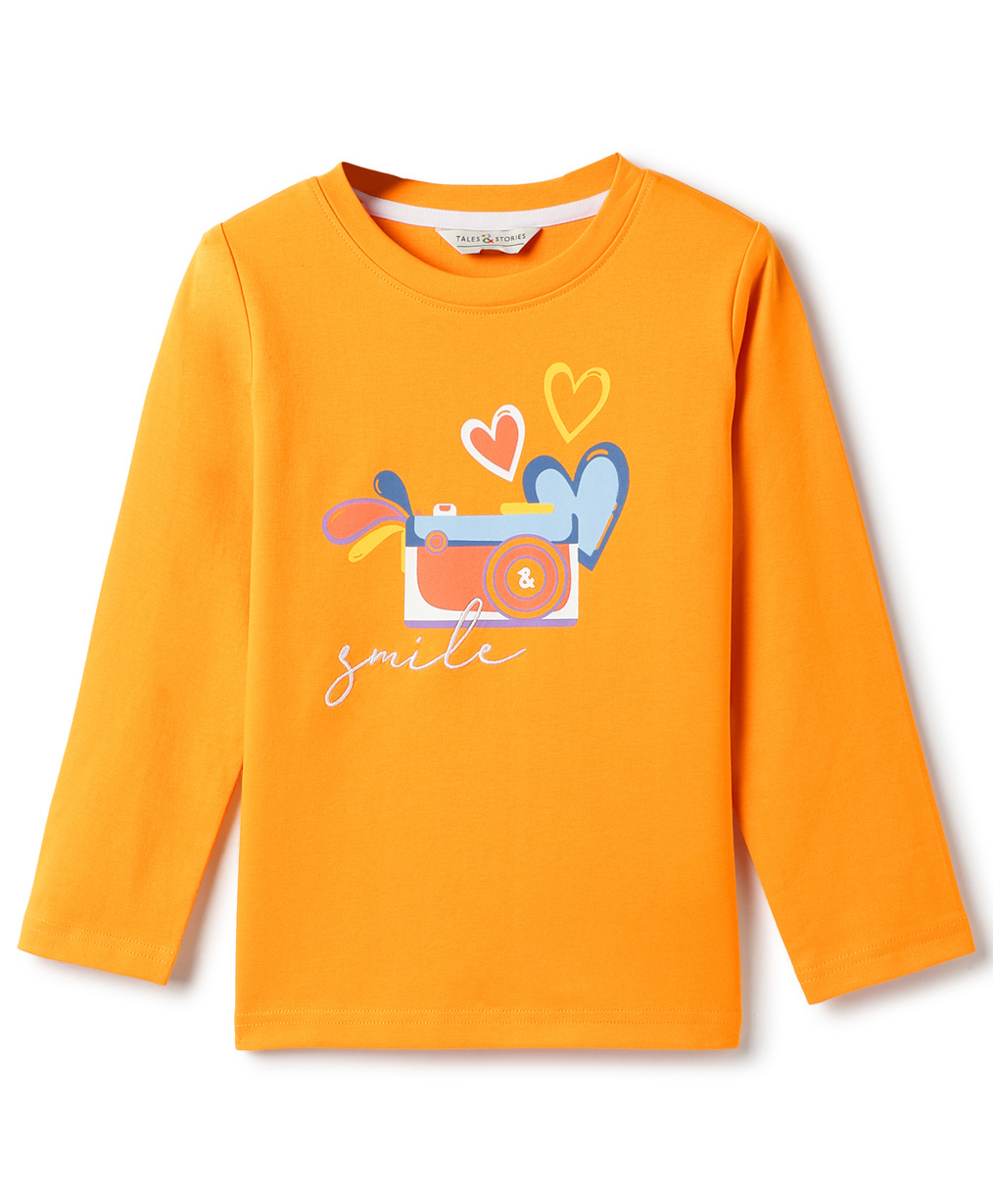 Tales & Stories Cotton Knit Full Sleeves Camera & Hearts Printed Tee - Orange-picture-36