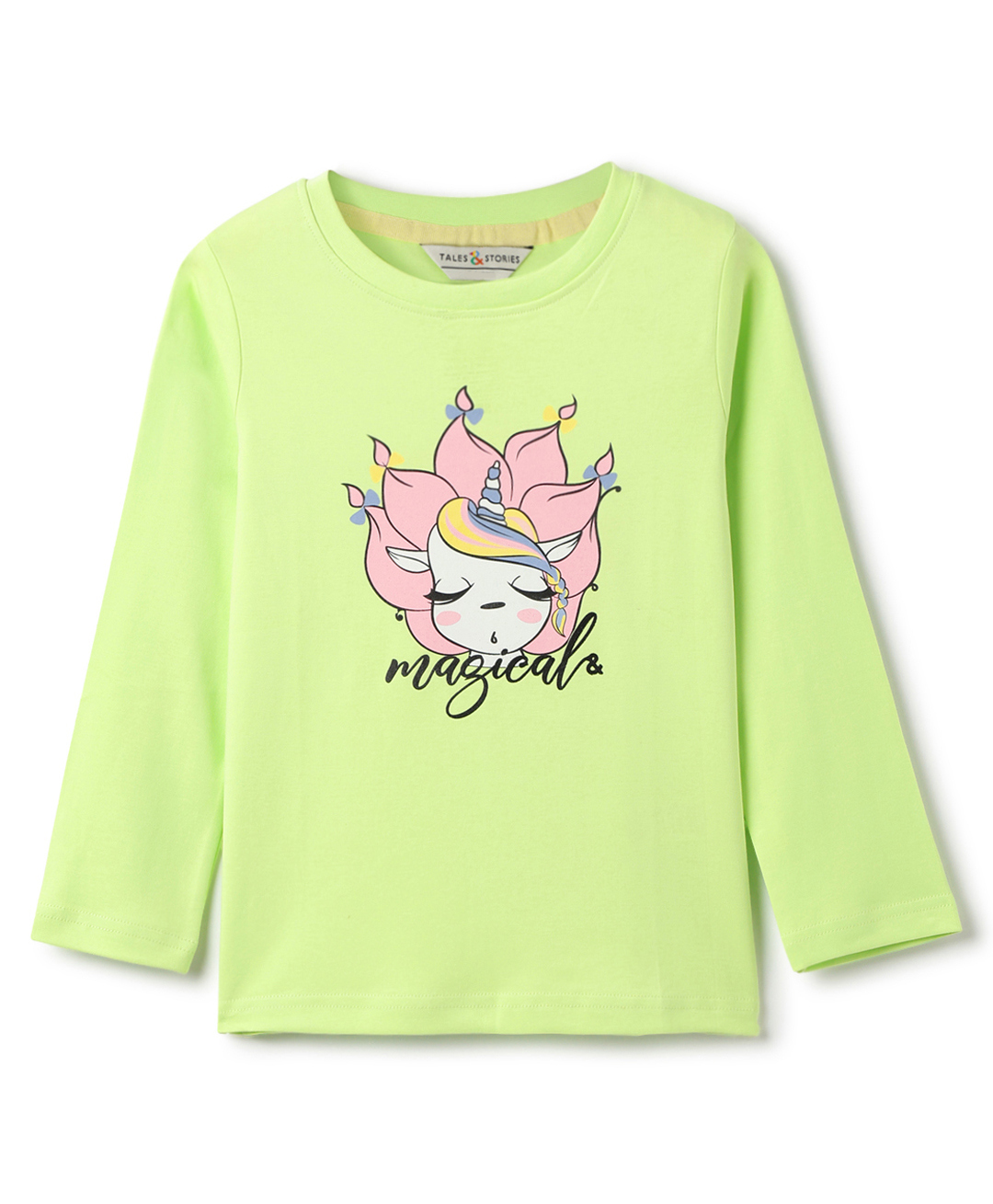 Tales & Stories Cotton Knit Full Sleeves Unicorn & Magical Text Printed Tee - Neon Green-picture-35