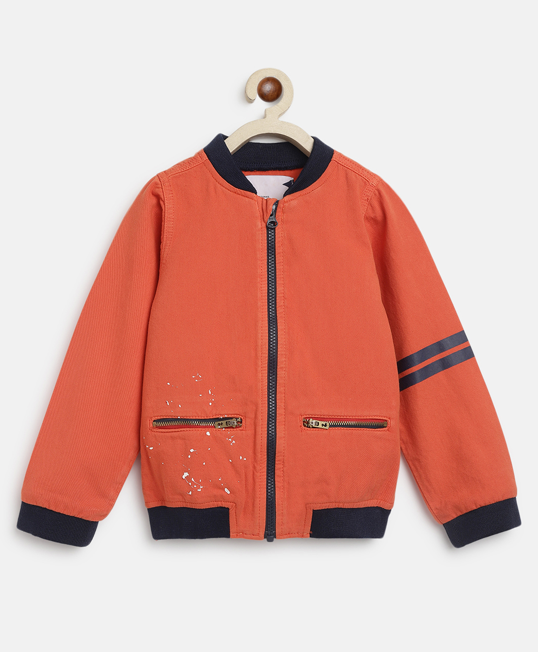 Tales & Stories Cotton Knit Full Sleeves Colour Splash Printed Light Winter Bomber Jacket - Orange-image-21