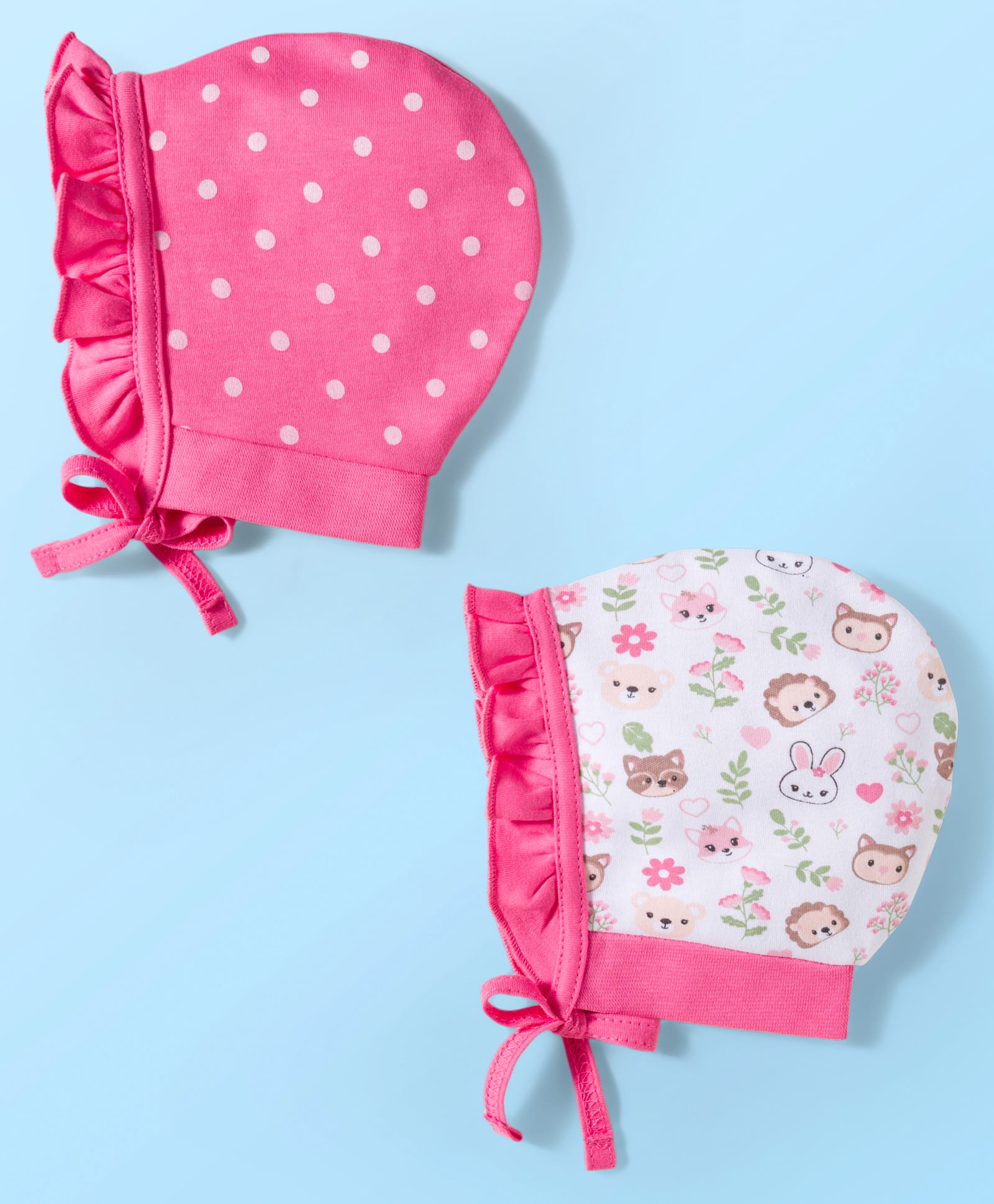 Babyhug 100% Cotton Interlock Knit Bonnet Caps With Polka Dot & Floral Print Pack Of 2 Pink & White - Diameter 11 cm-image-39