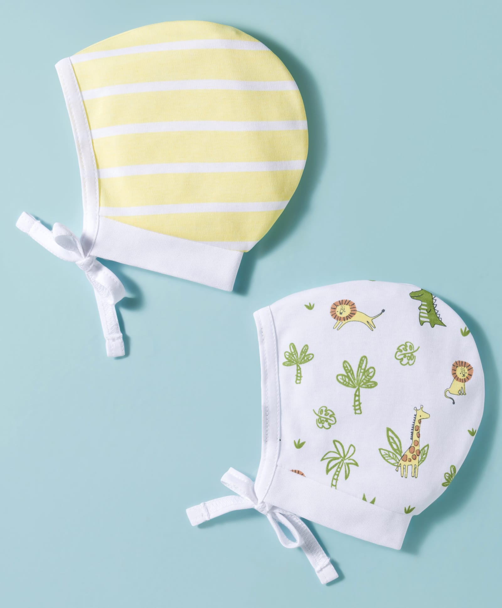 Babyhug 100% Cotton Interlock Knit Caps With Animal Print Pack Of 2 Yellow & White - Diameter 16 cm