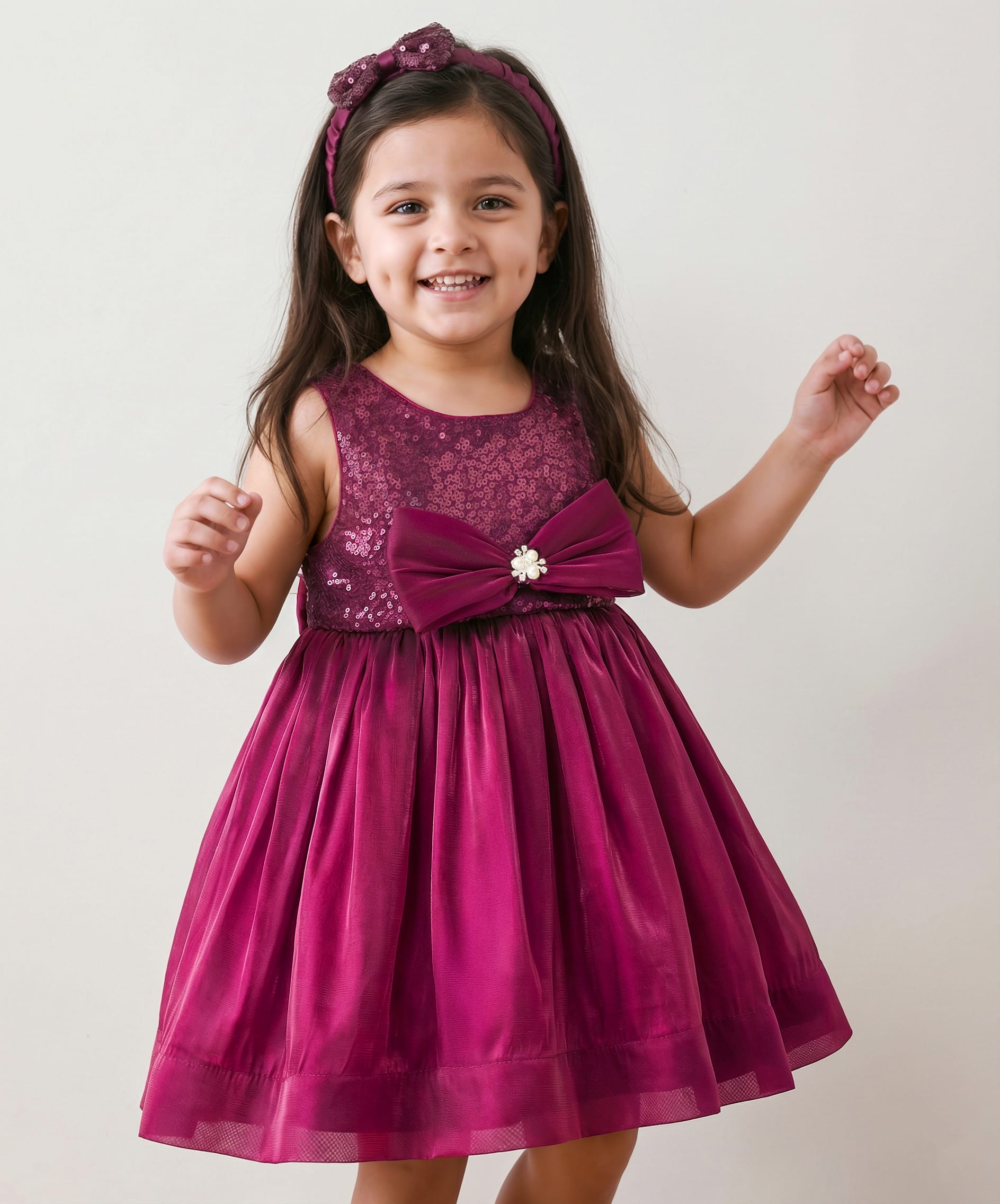 Babyhug Woven Sleeveless Party Dress with Headband Sequin Detailing & Bow Applique - Wine-image-39