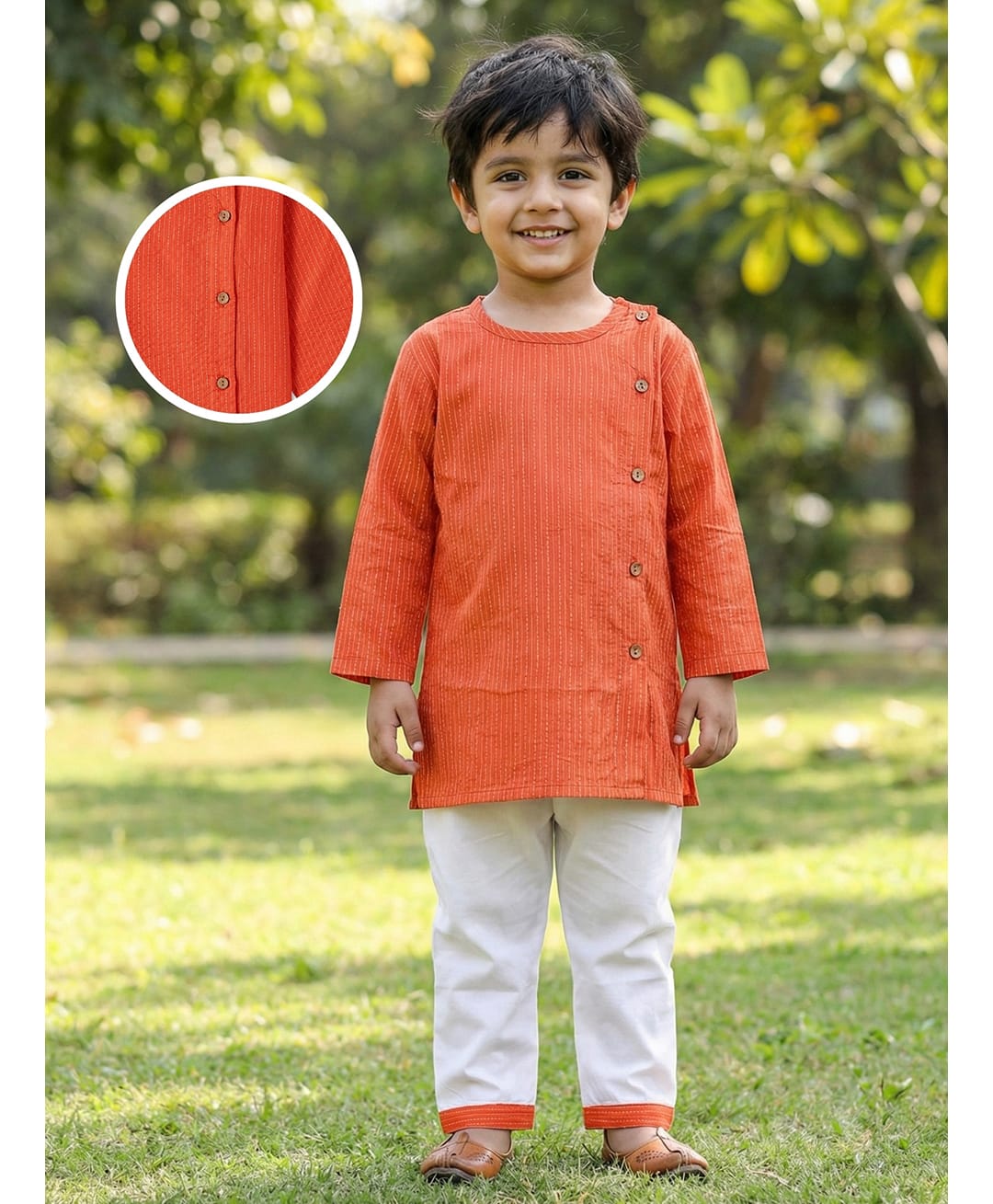 Desi Soota Cotton Woven Full Sleeves Katha Work Detailed Kurta & Pyjama Set - Orange-picture-38