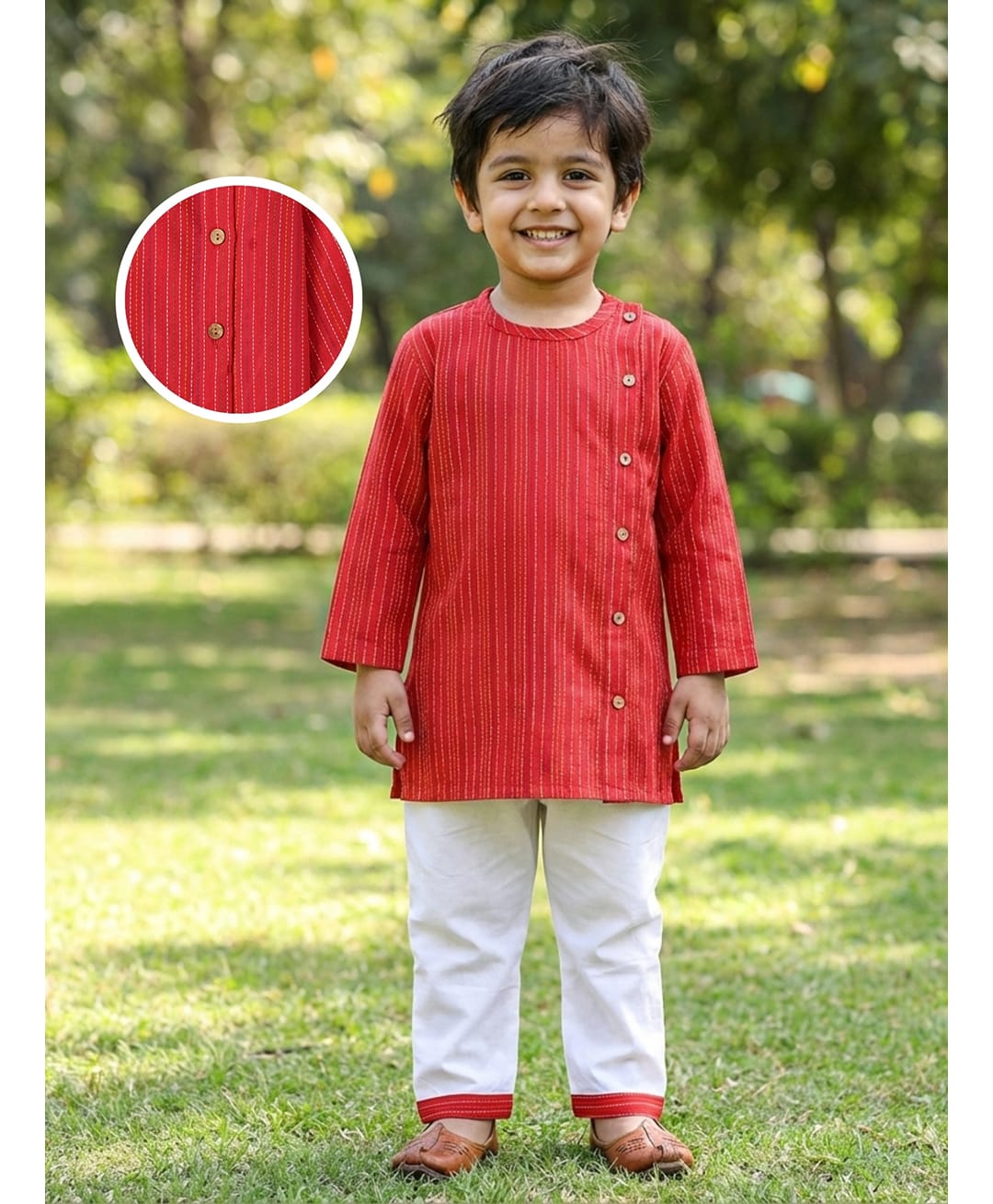 Desi Soota Cotton Woven Full Sleeves Katha Work Detailed Kurta & Pyjama Set - Red-picture-36