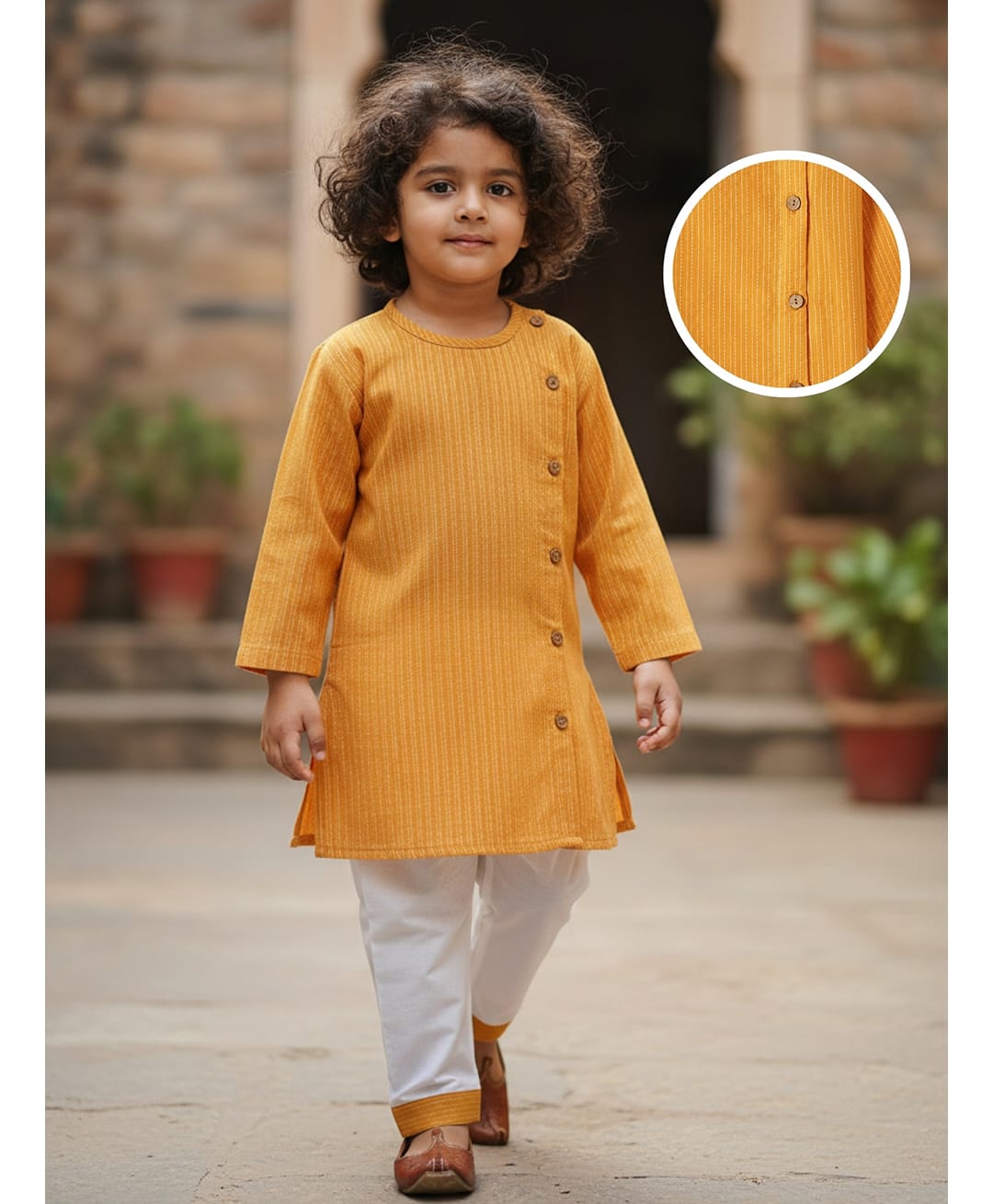 Desi Soota Cotton Woven Full Sleeves Katha Work Detailed Kurta & Pyjama Set - Yellow-image-31