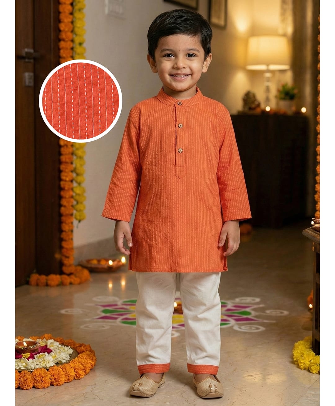 Desi Soota Cotton Woven Full Sleeves Katha Work Detailed Kurta & Pyjama Set - Orange-image-45