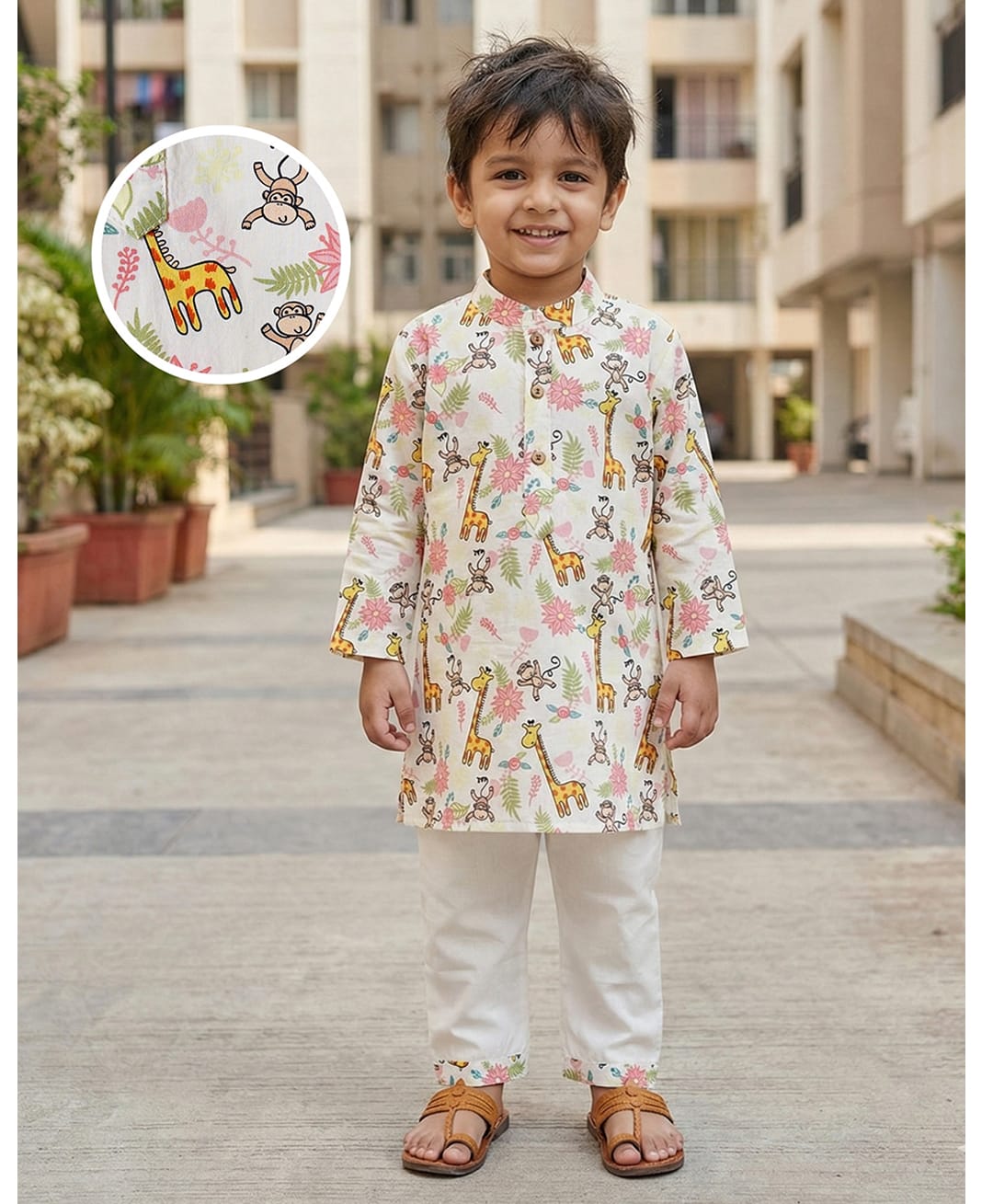 Desi Soota Cotton Woven Full Sleeves Giraffe Printed Kurta & Pyjama Set - White-picture-37