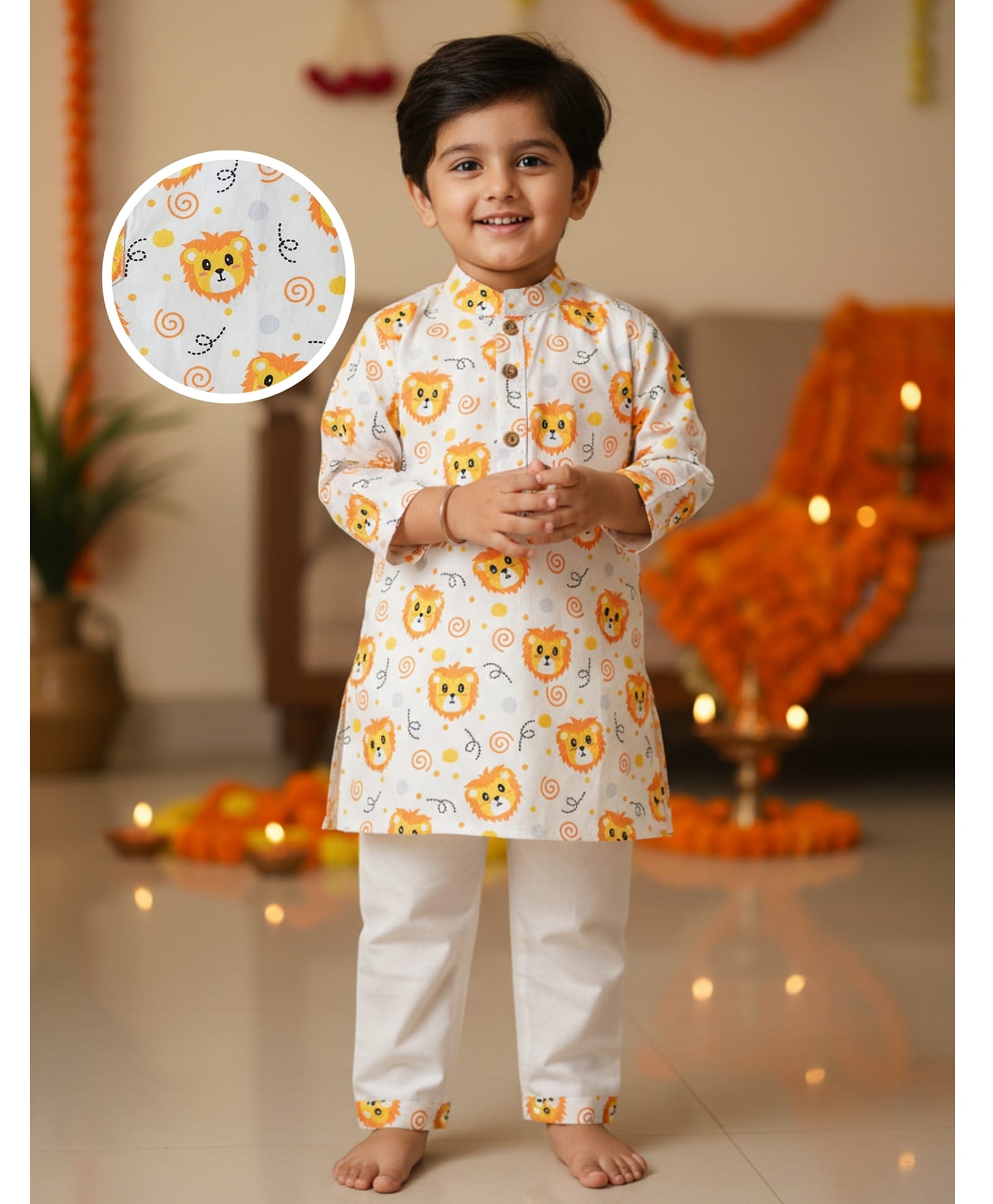 Desi Soota Cotton Woven Full Sleeves Lion Printed Kurta & Pyjama Set - White-picture-30
