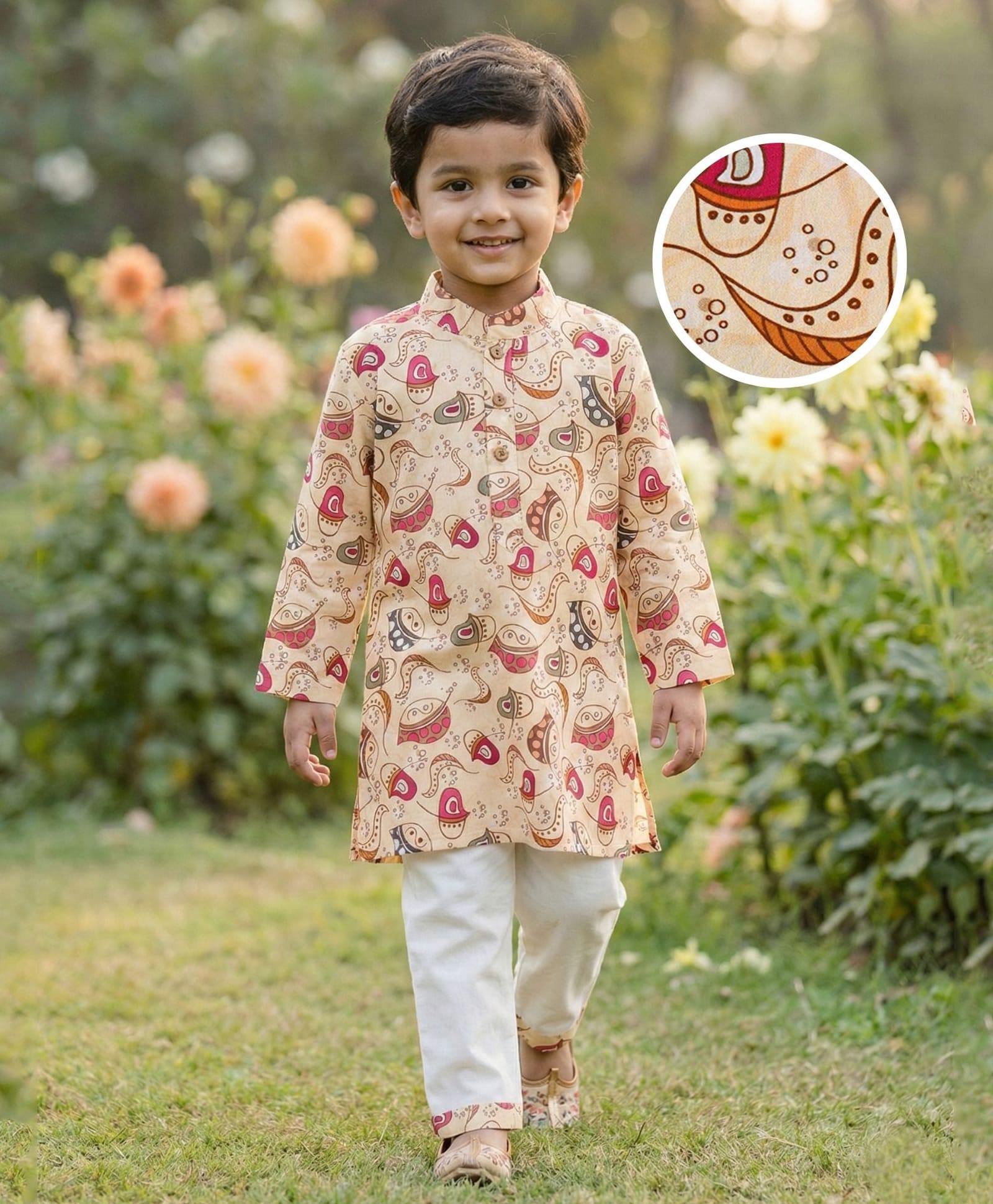 Desi Soota Cotton Woven Full Sleeves Leaves Printed Kurta Pyjama Set - Beige-image-36
