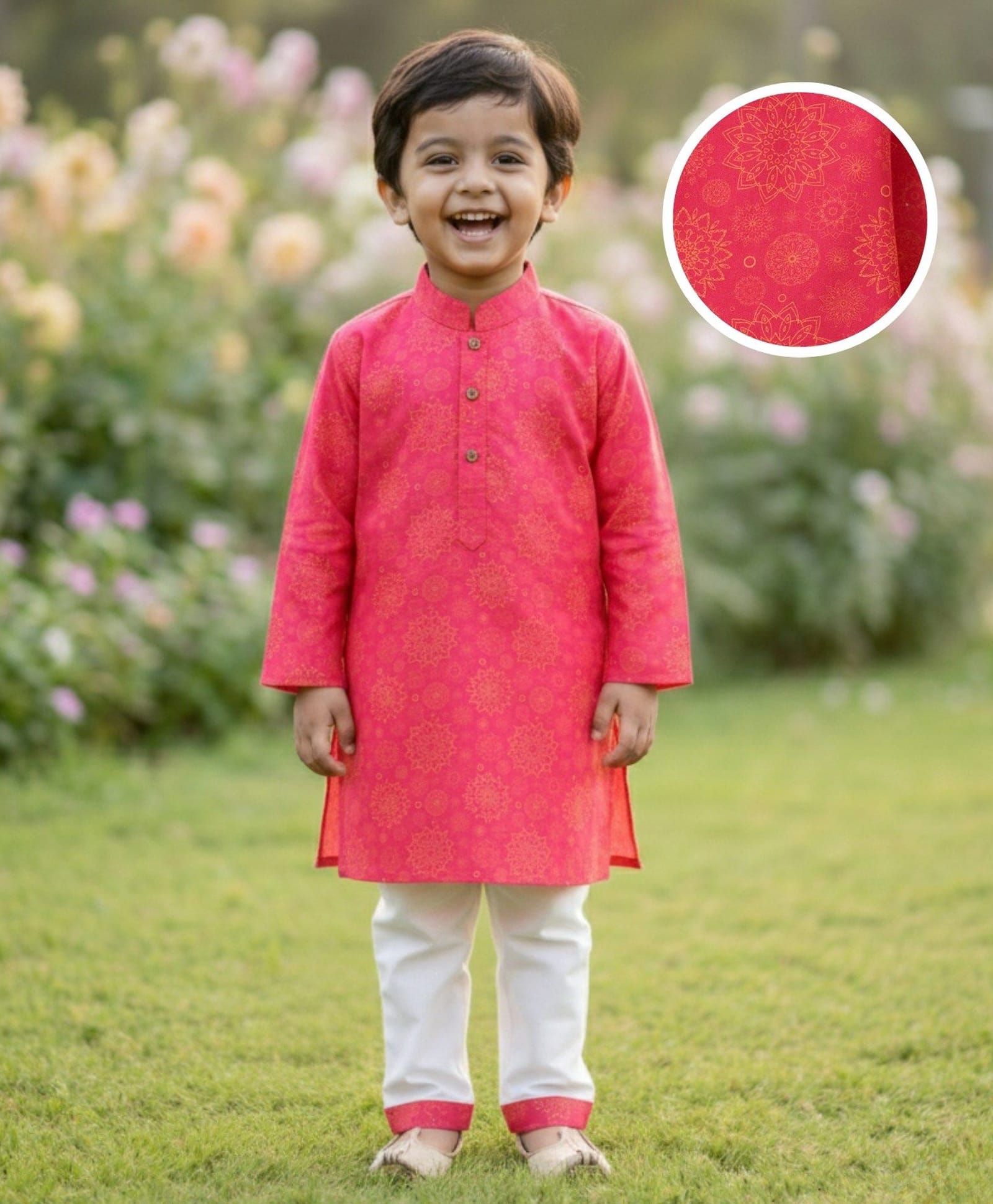 Desi Soota Cotton Woven Full Sleeves Mandala Art Printed Kurta Pyjama Set - Pink-image-35