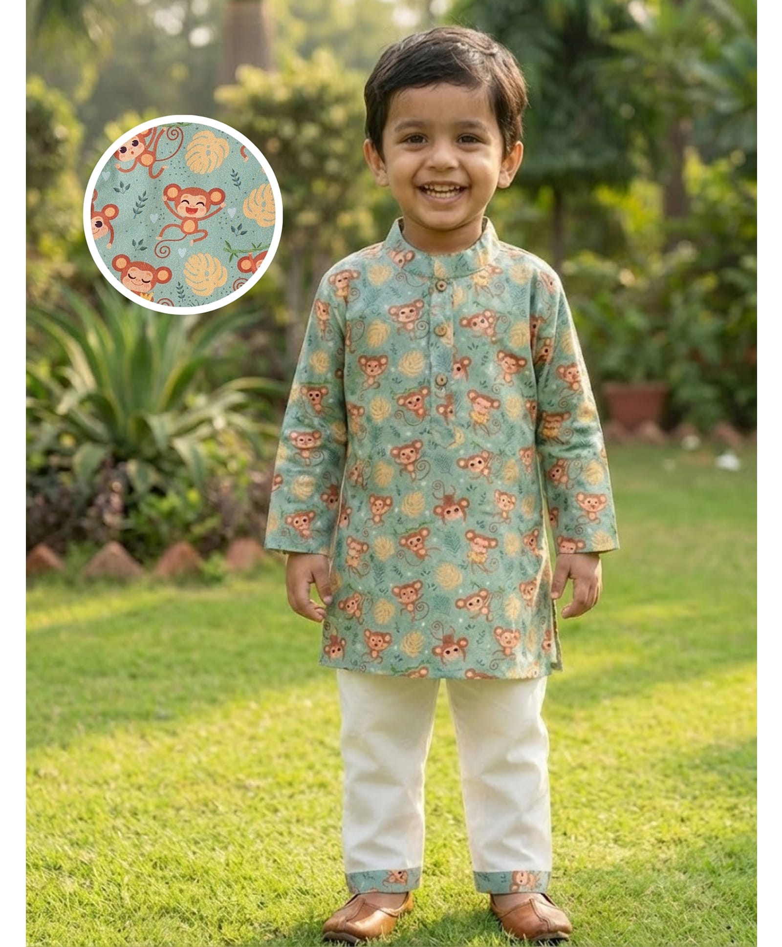 Desi Soota Cotton Woven Full Sleeves Baby Animals Printed Kurta Pyjama Set - Olive Green-image-11