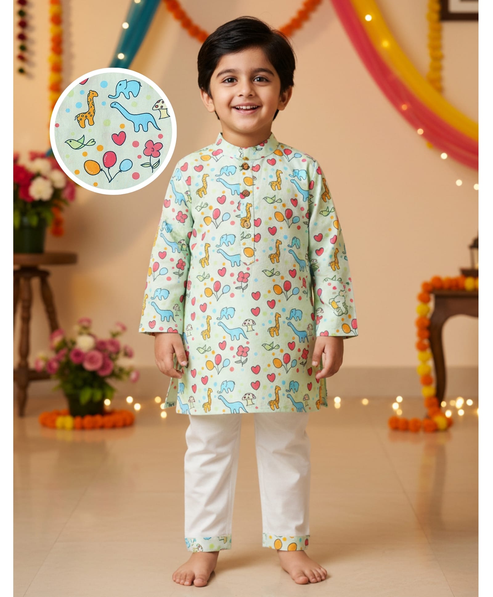 Desi Soota Cotton Woven Full Sleeves Baby Animals & Hearts Printed Kurta Pyjama Set - Light Green-image-46