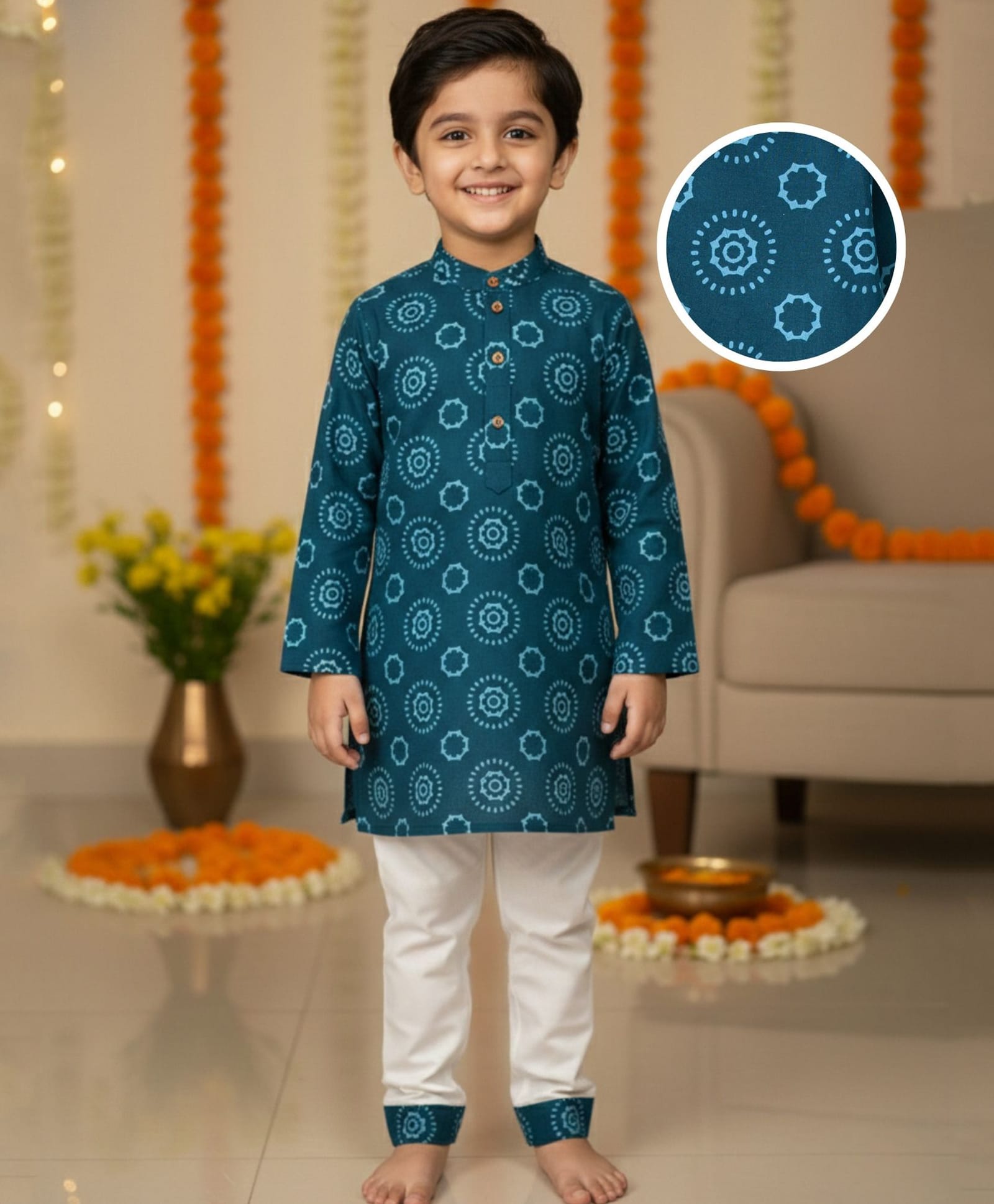 Desi Soota Cotton Woven Full Sleeves Floral Printed Kurta Pyjama Set - Navy Blue-image-35