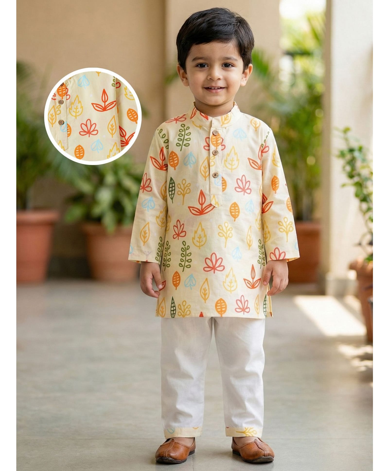 Desi Soota Cotton Woven Full Sleeves Leaves Printed Kurta Pyjama Set - Yellow-picture-27