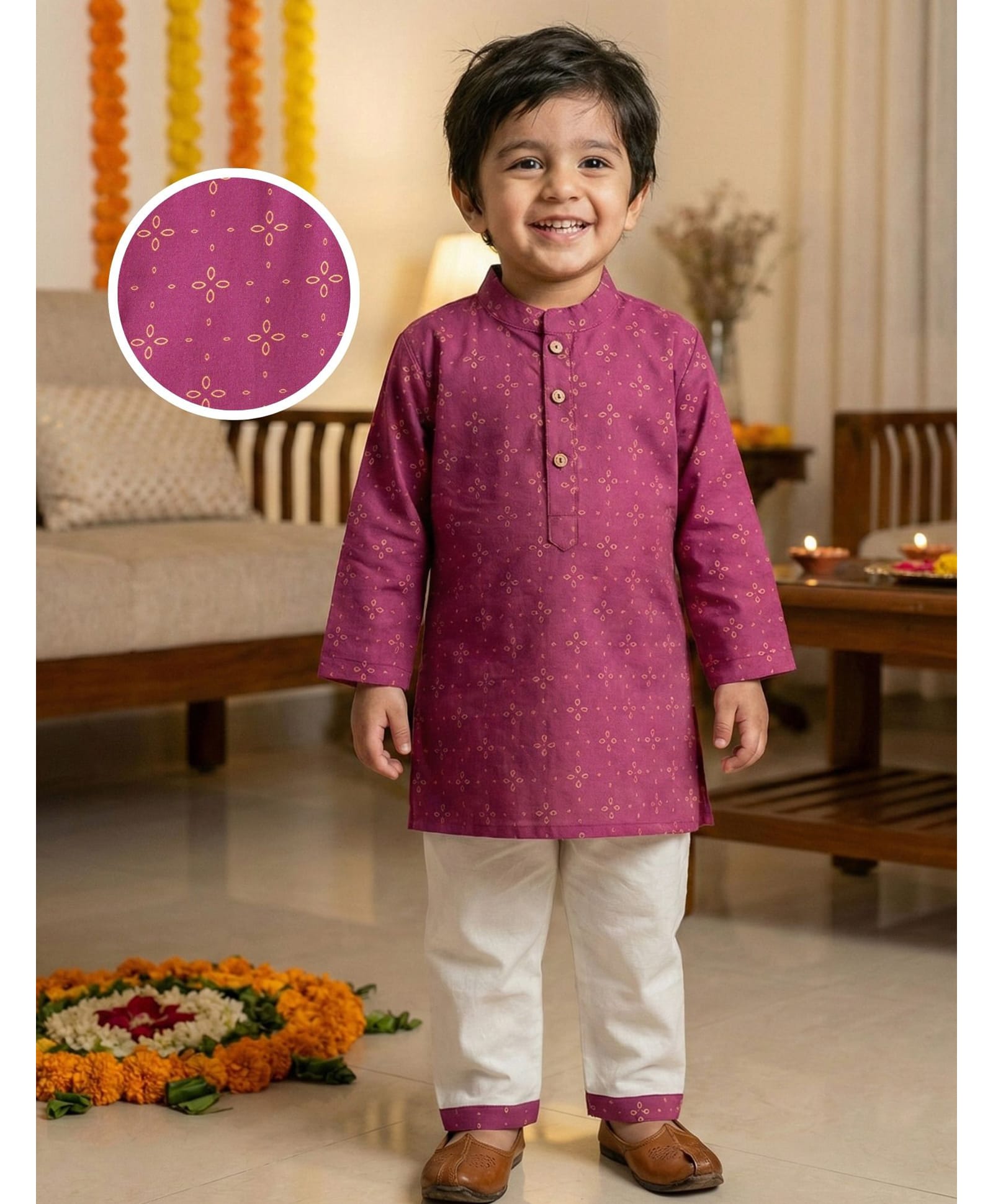 Desi Soota Cotton Woven Full Sleeves Geometric Floral Pinted Kurta & Pyjama Set - Purple-image-33